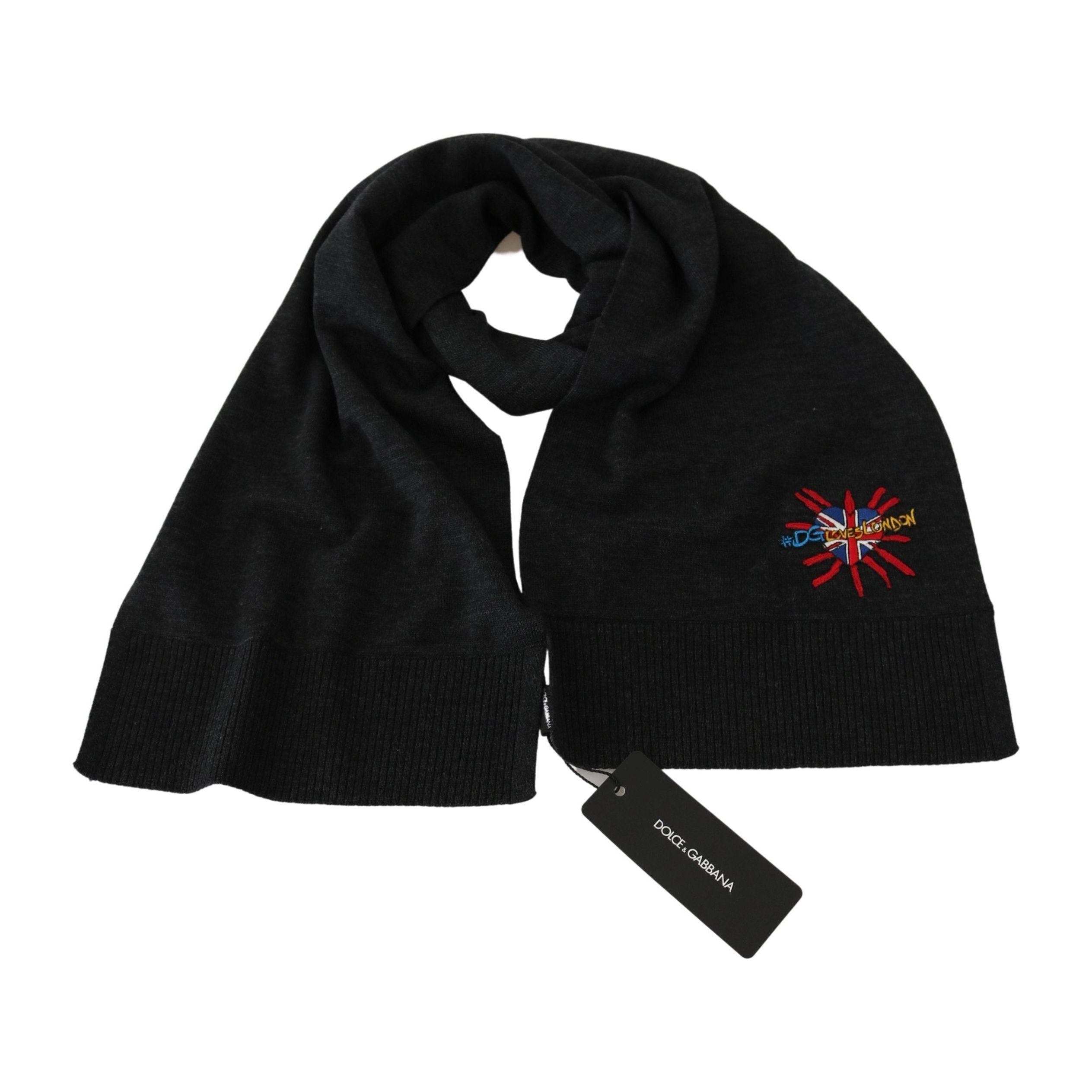 Dolce & Gabbana Grey Virgin Wool Scarf with Embroidery