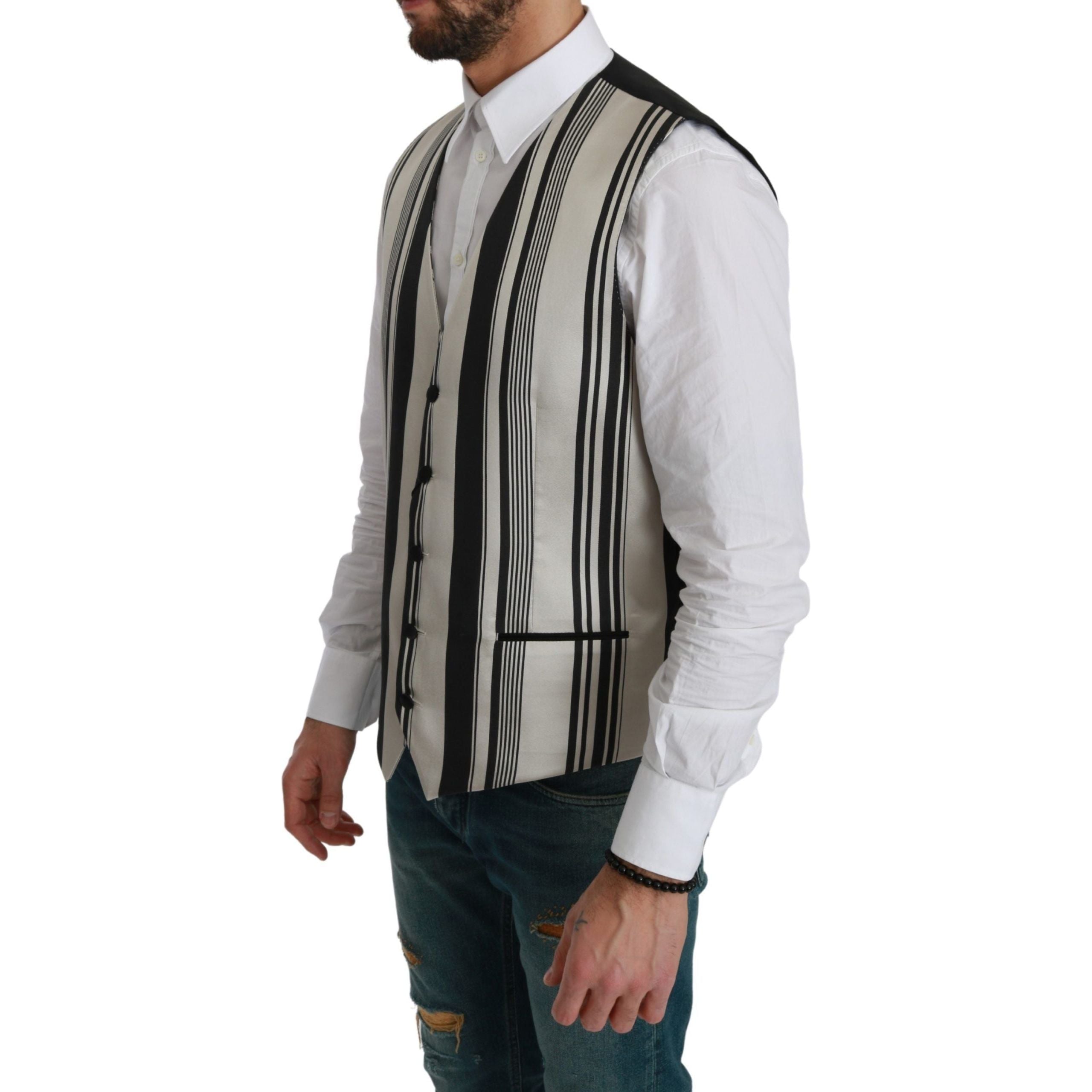 Dolce & Gabbana Black Stripe Cotton Silk Dress Vest