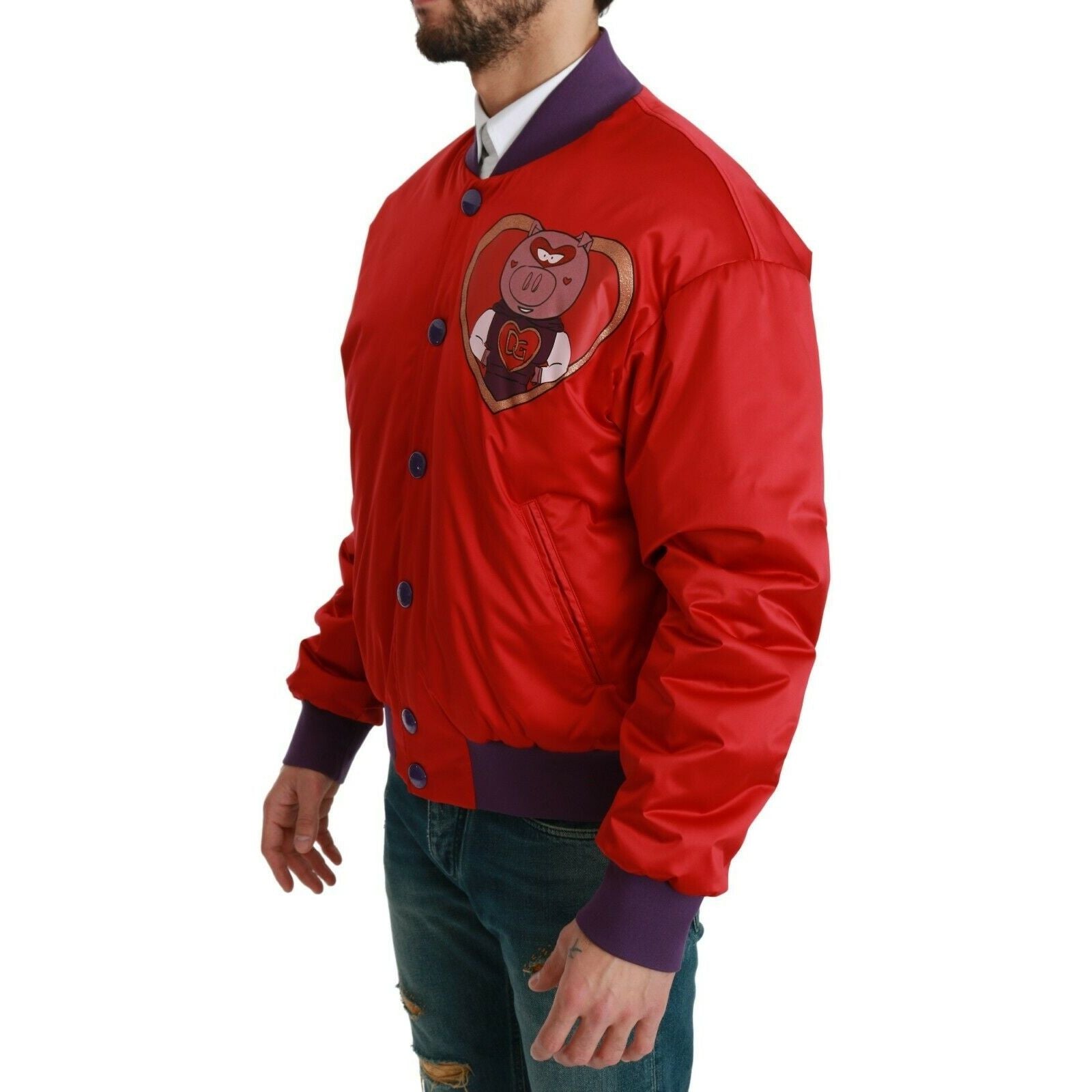 Dolce & Gabbana Red Satin Bomber Jacket with Motif