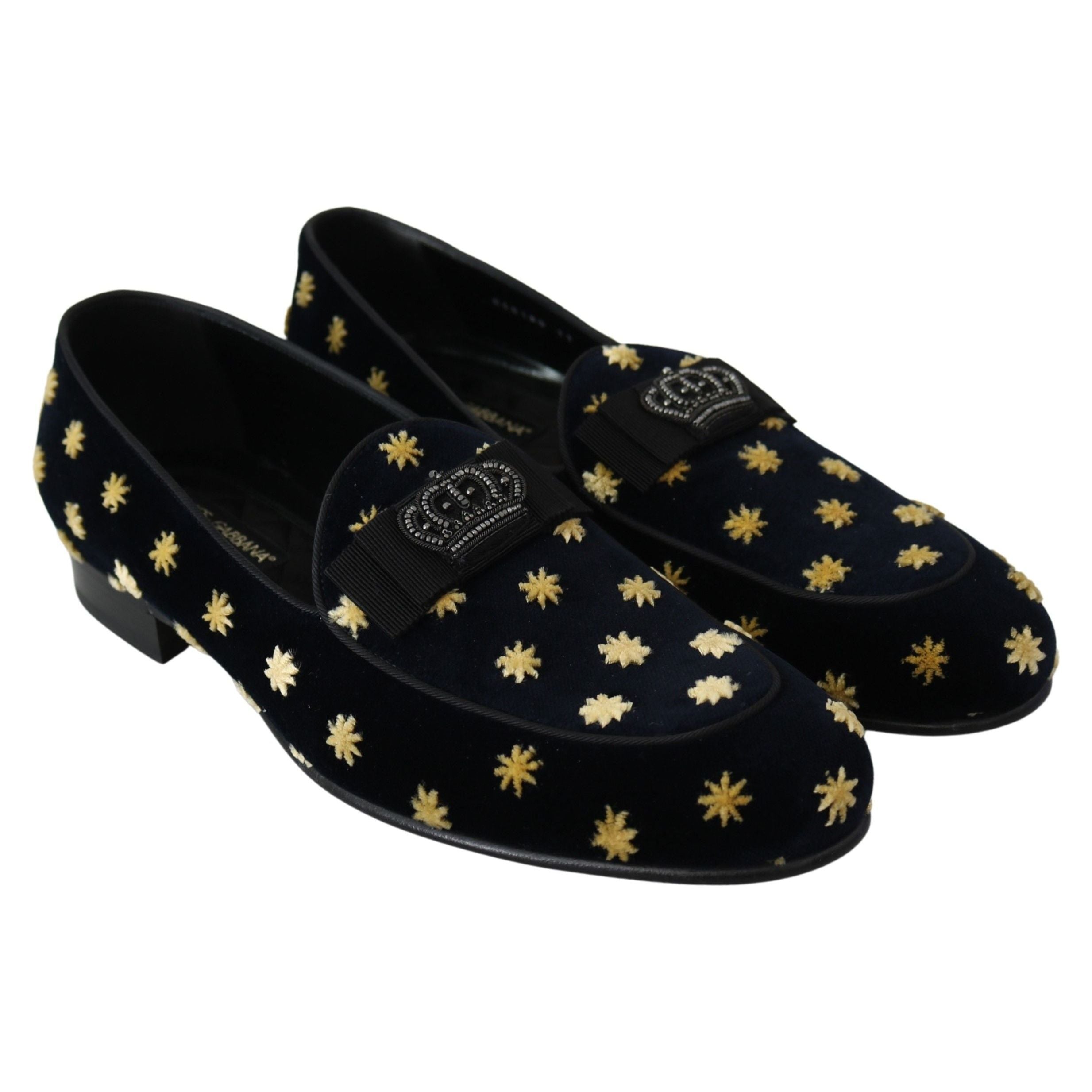 Dolce & Gabbana Black Velvet Crown Embroidery Loafers