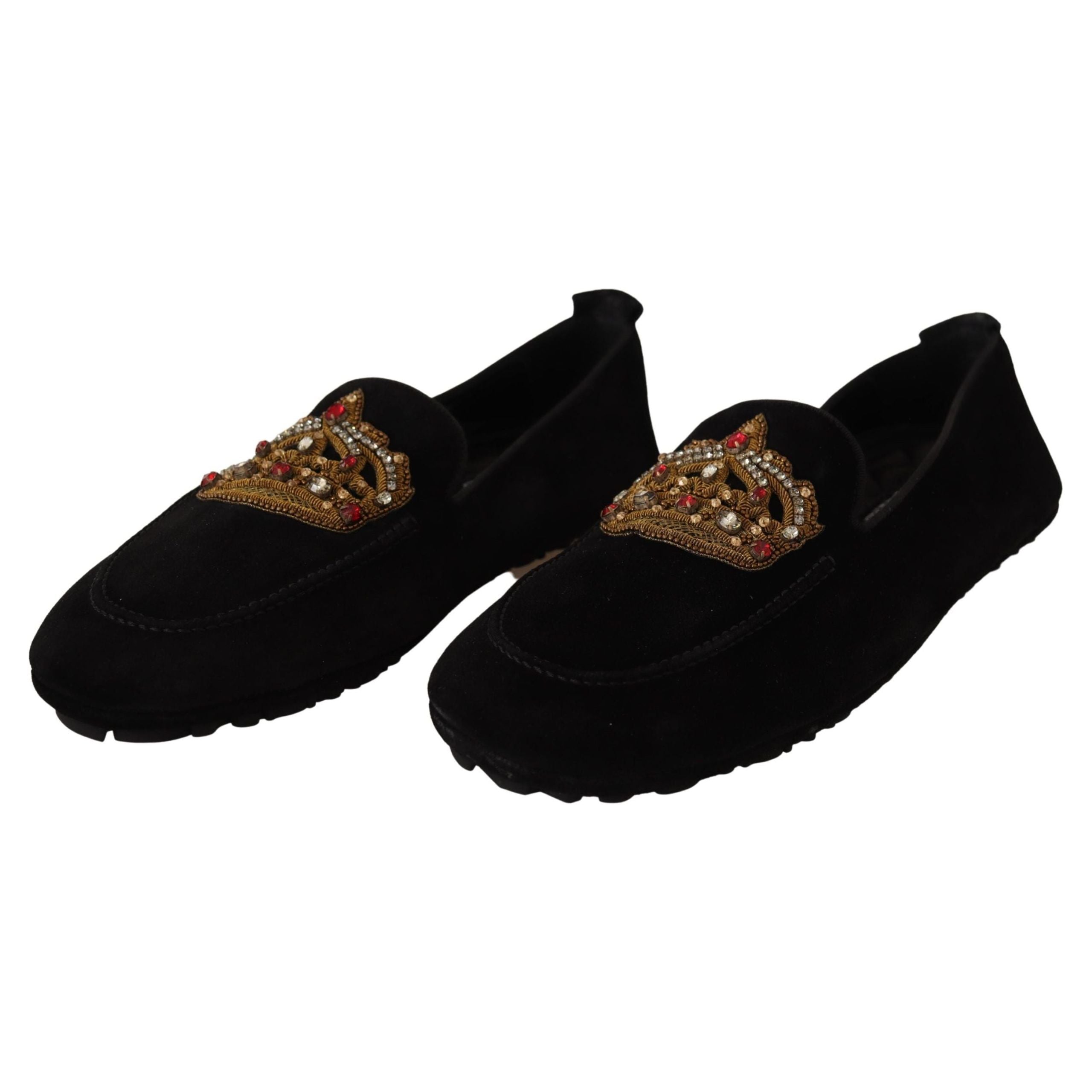 Dolce & Gabbana Black Leather Loafer Slides Gold Embroidery