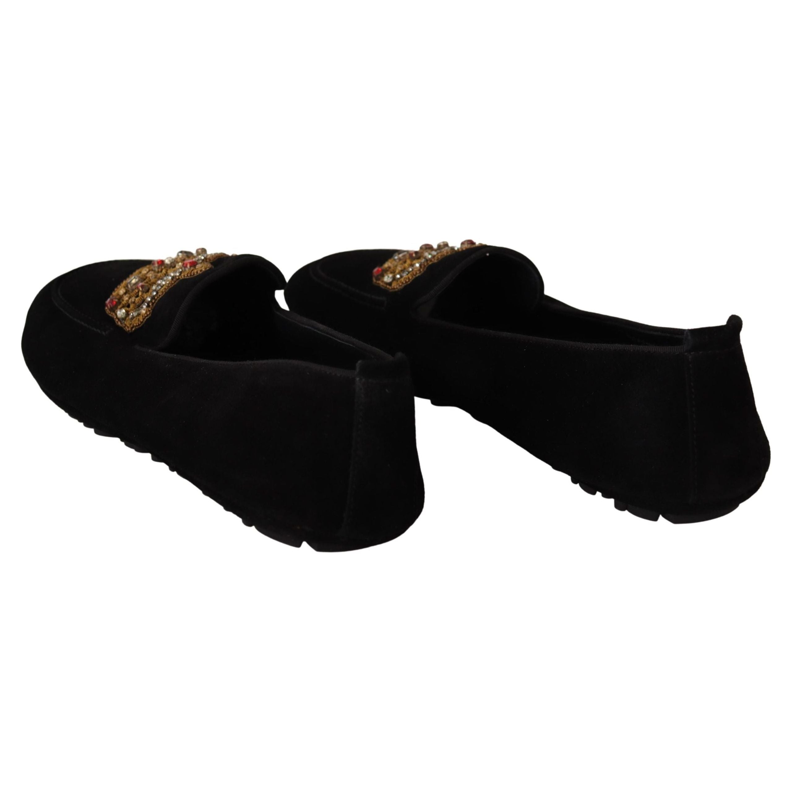 Dolce & Gabbana Black Leather Loafer Slides Gold Embroidery
