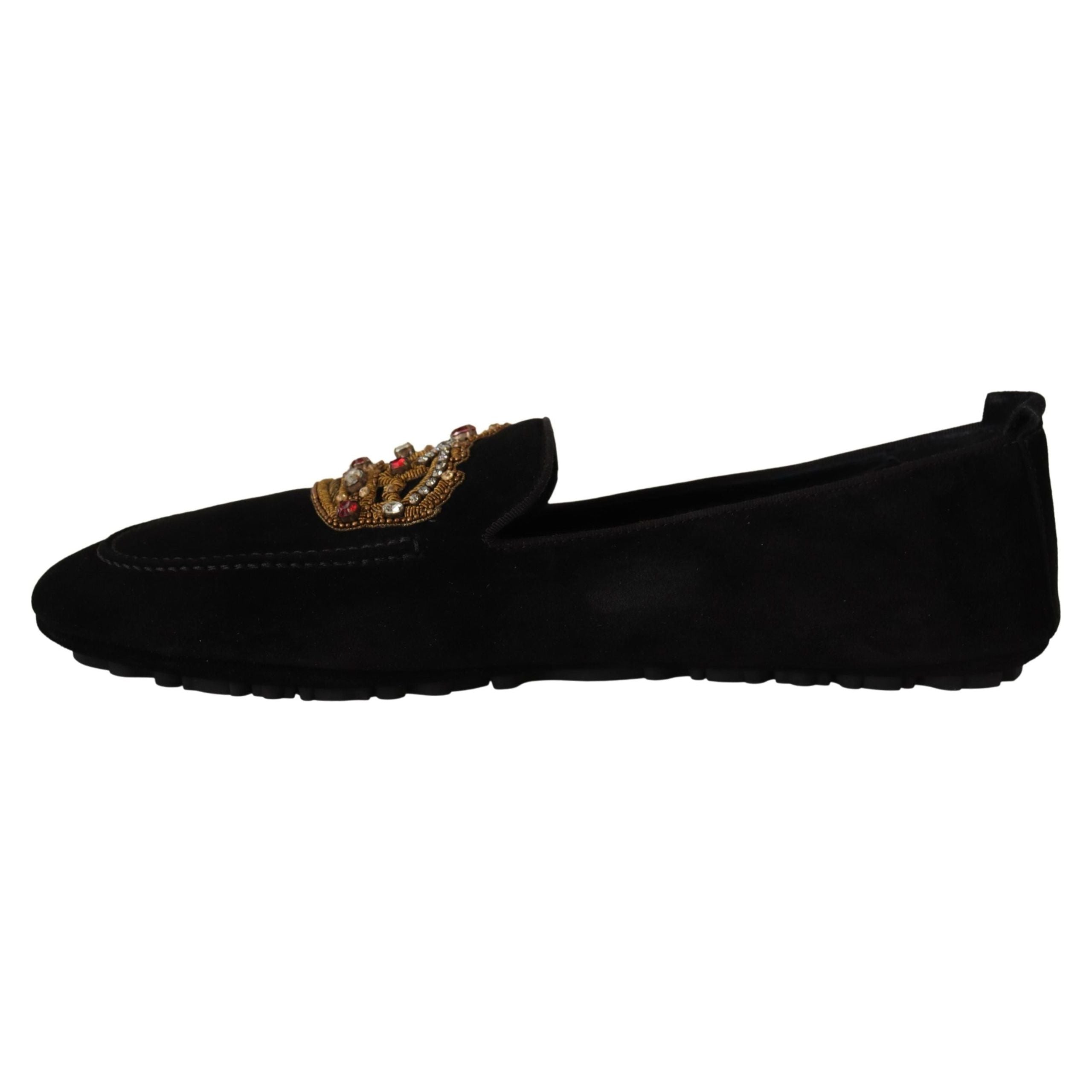 Dolce & Gabbana Black Leather Loafer Slides Gold Embroidery