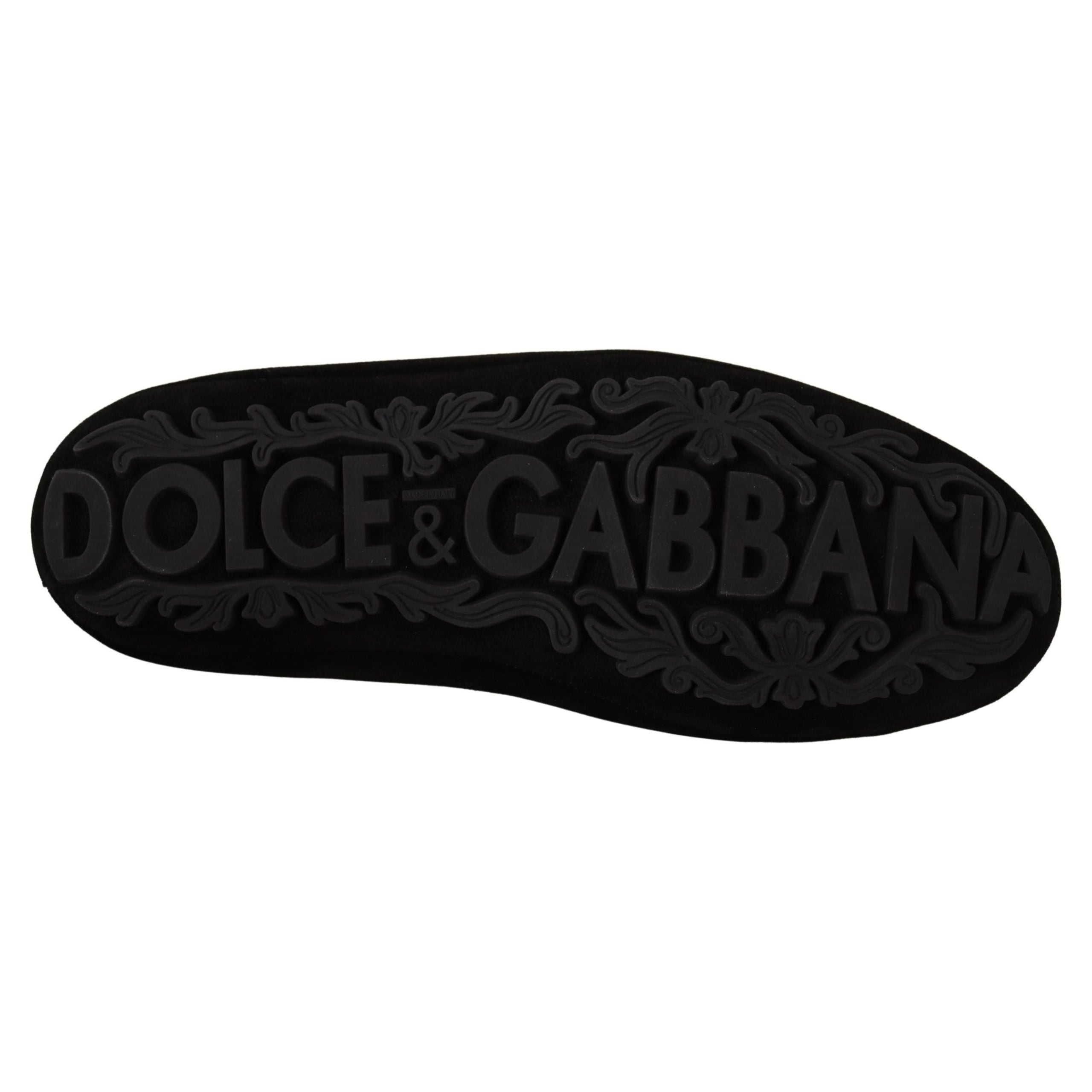 Dolce & Gabbana Black Leather Loafer Slides Gold Embroidery
