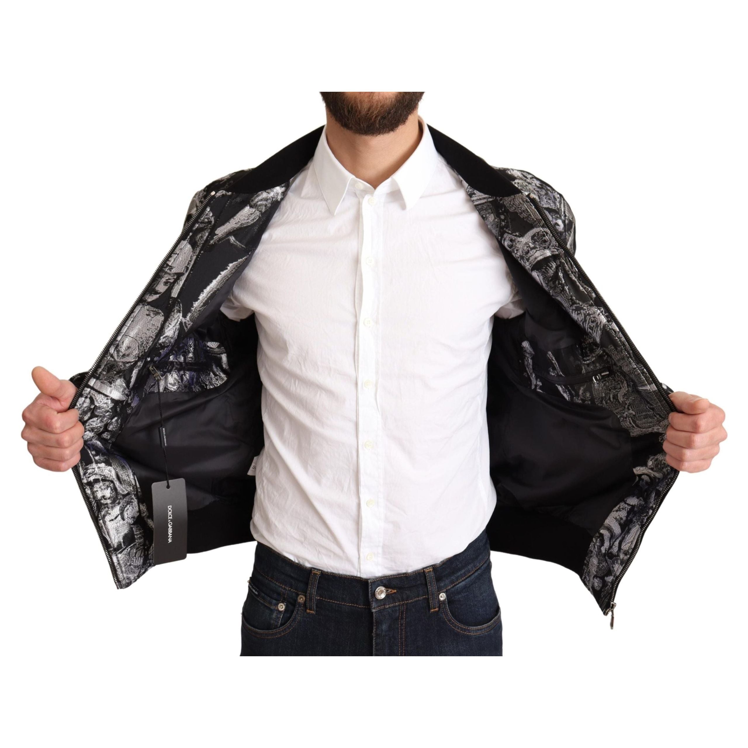 Dolce & Gabbana Black Silk Bomber Jacket with Silver Details