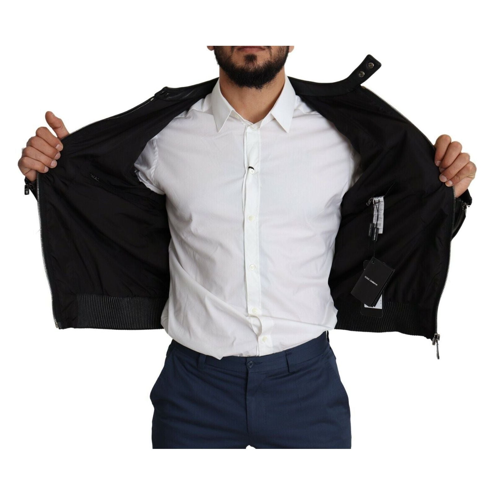 Dolce & Gabbana Black Leather Bomber Jacket
