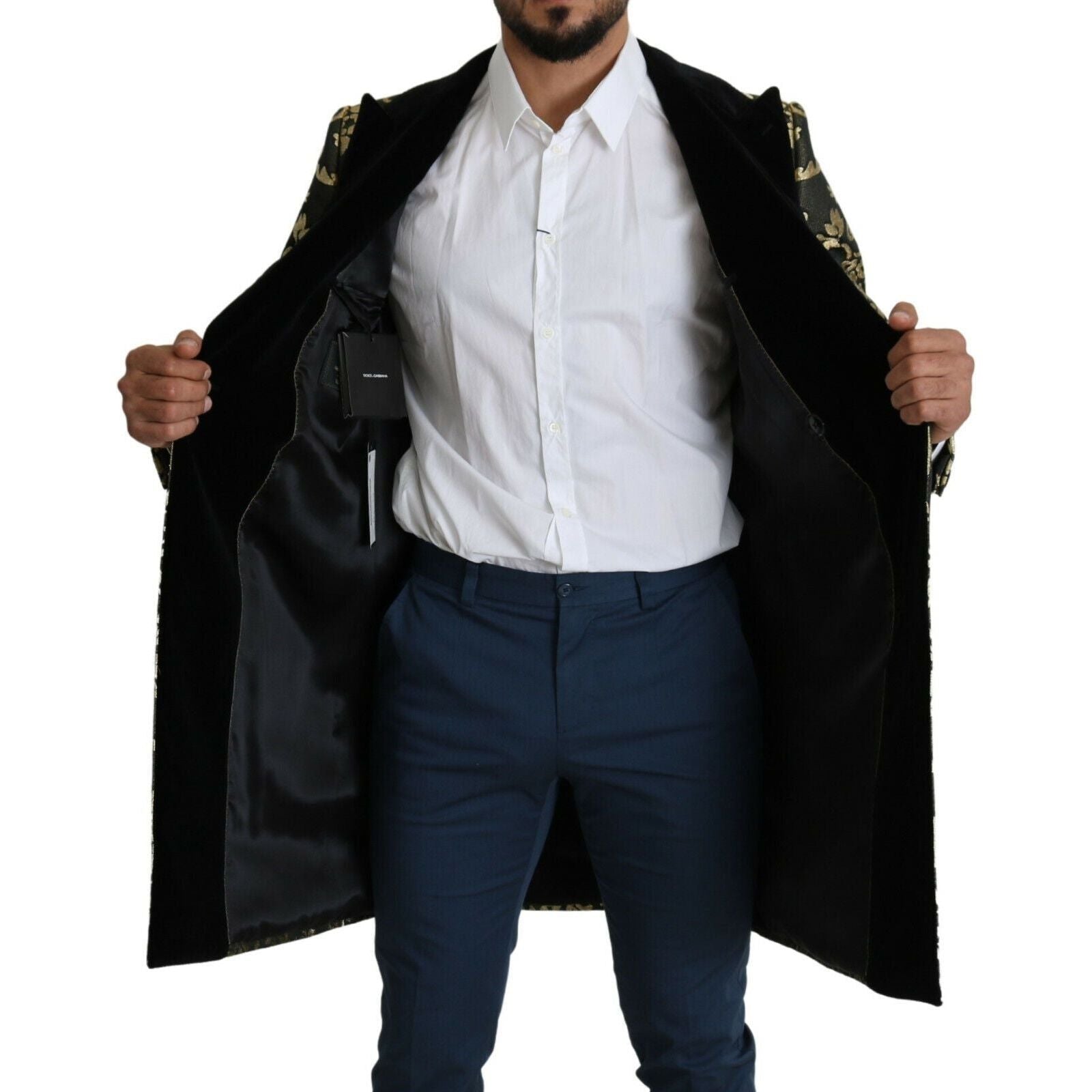 Dolce & Gabbana Gold Black Jacquard Double-Breasted Coat