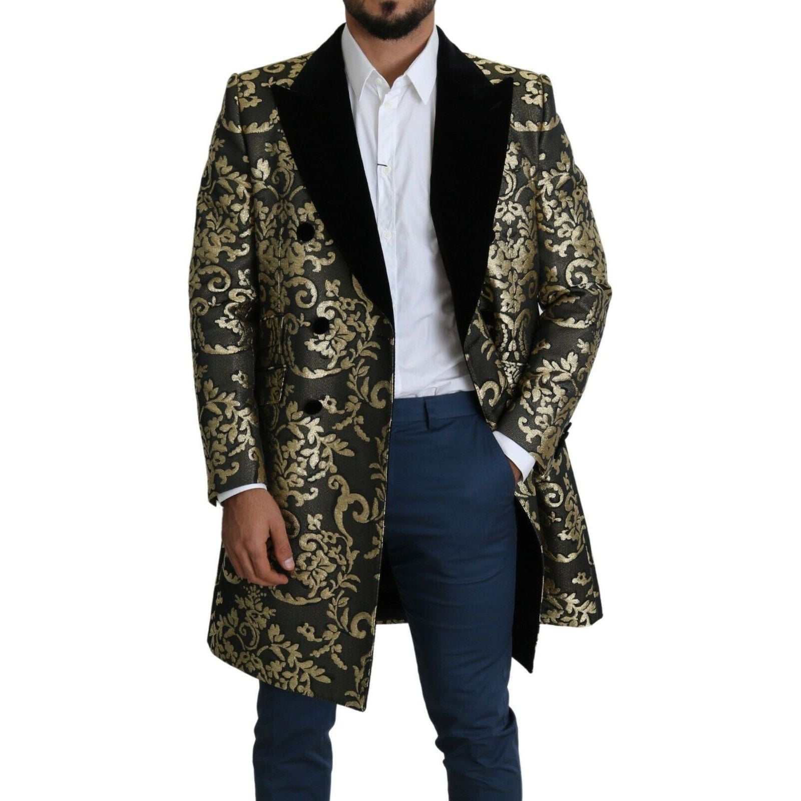 Dolce & Gabbana Gold Black Jacquard Double-Breasted Coat
