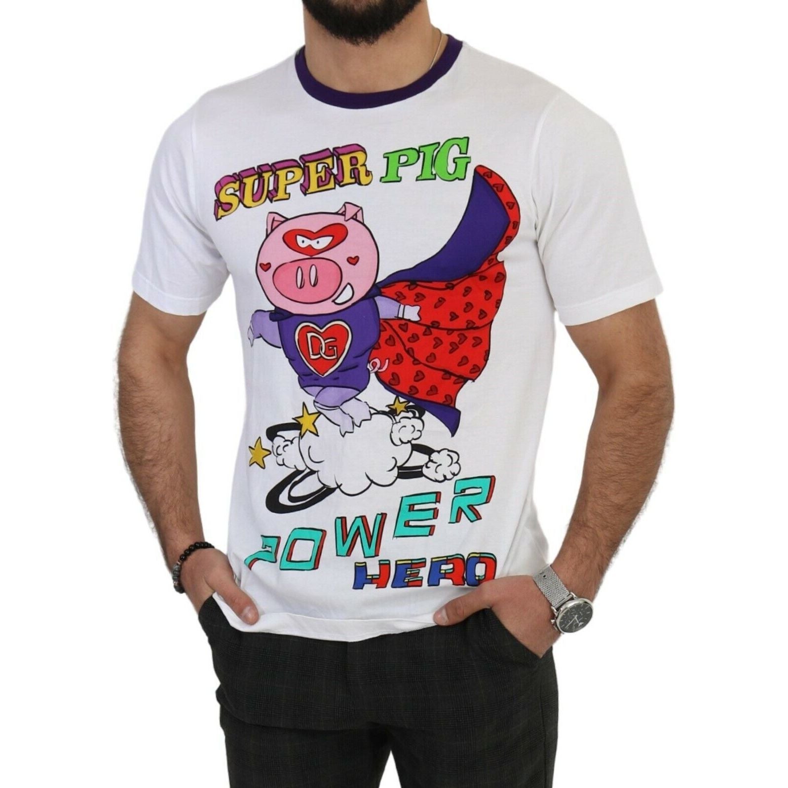 Dolce & Gabbana White Cotton Pig Motif Tee Elegance
