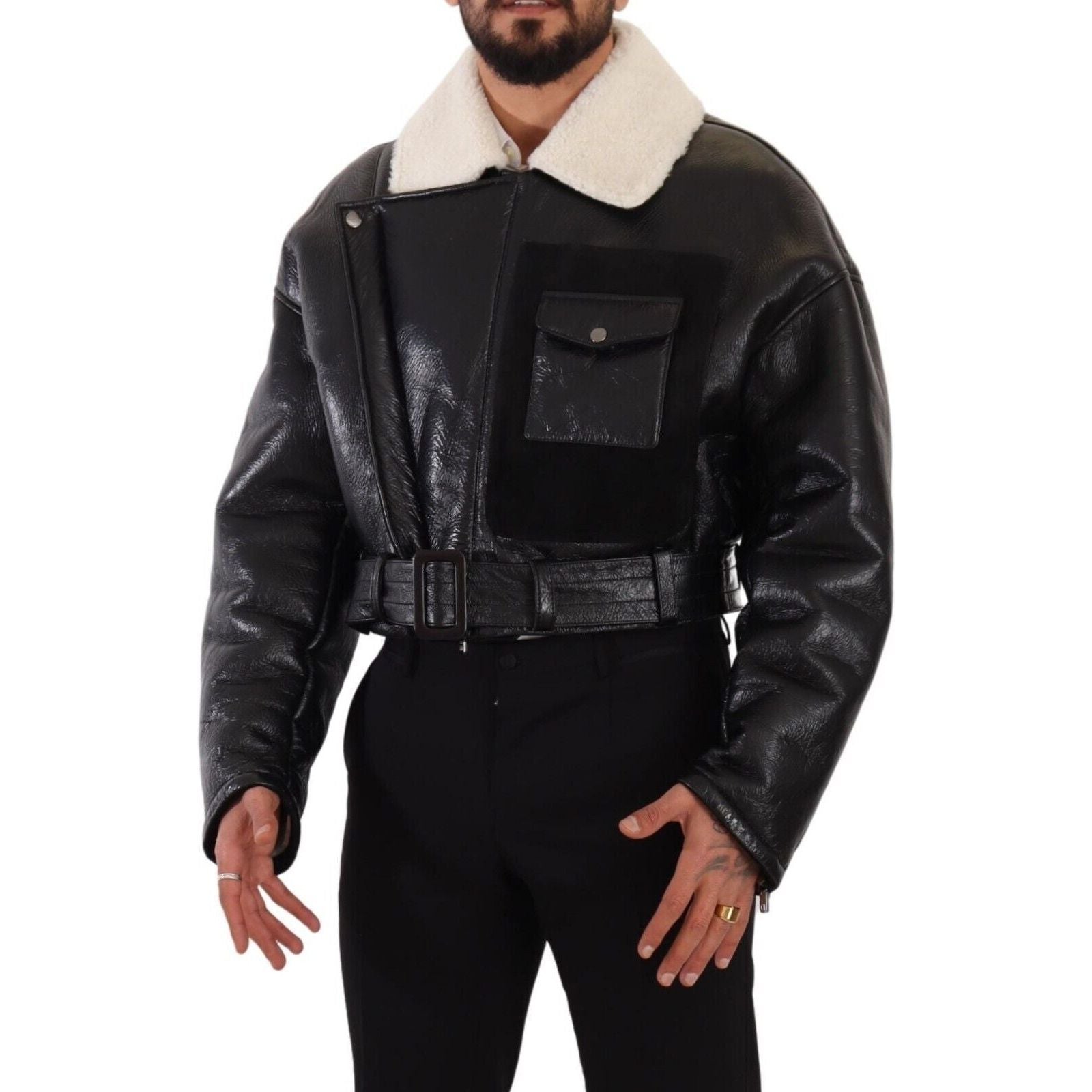 Dolce & Gabbana Black Shearling Biker Jacket Masterpiece