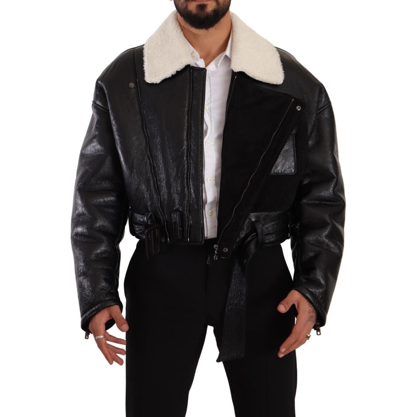 Dolce & Gabbana Black Shearling Biker Jacket Masterpiece
