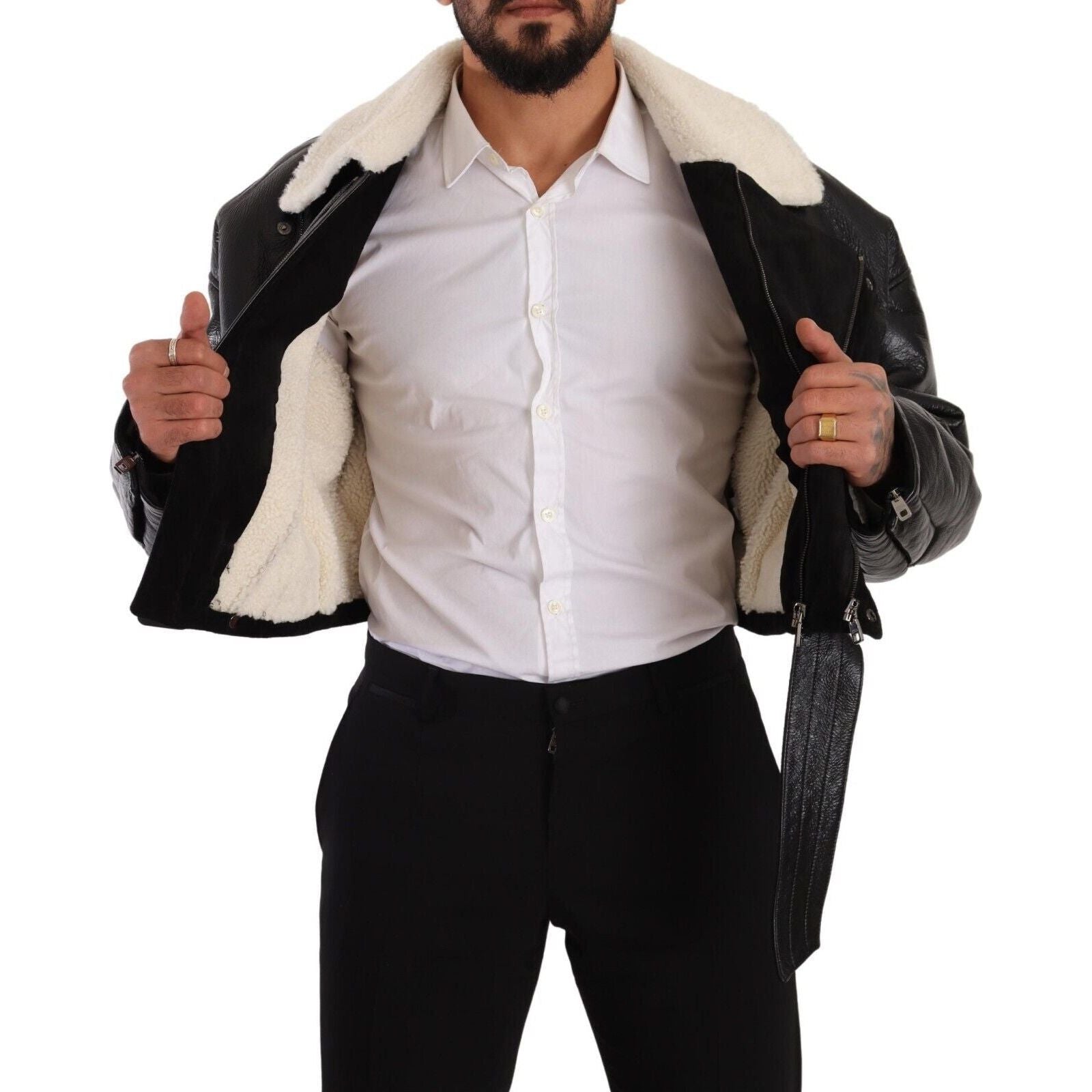 Dolce & Gabbana Black Shearling Biker Jacket Masterpiece