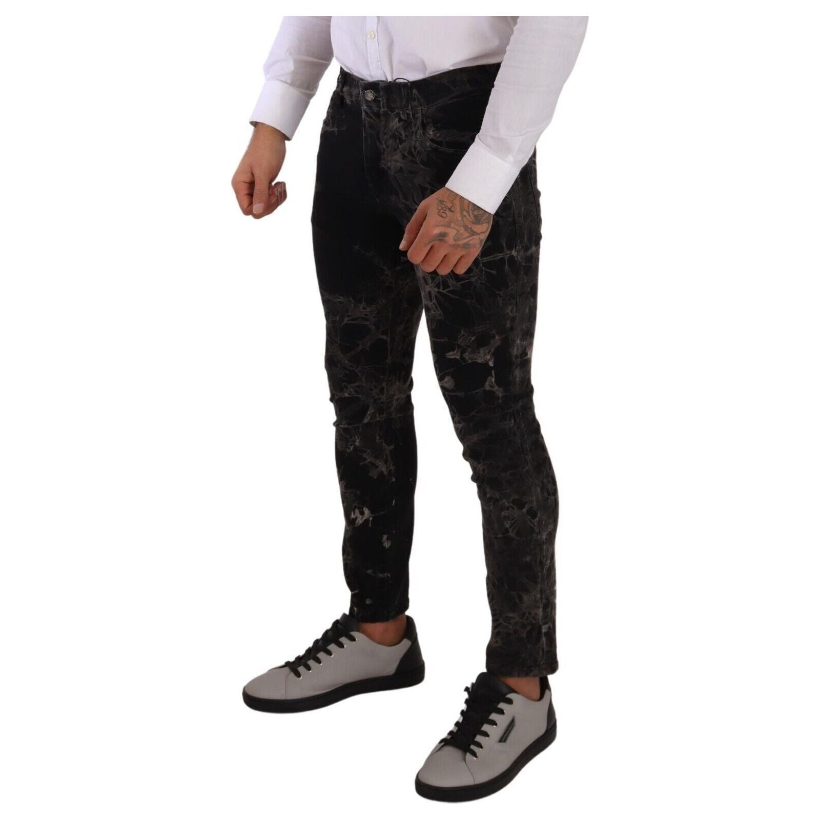 Dolce & Gabbana Black Denim Slim Fit Patterned Jeans
