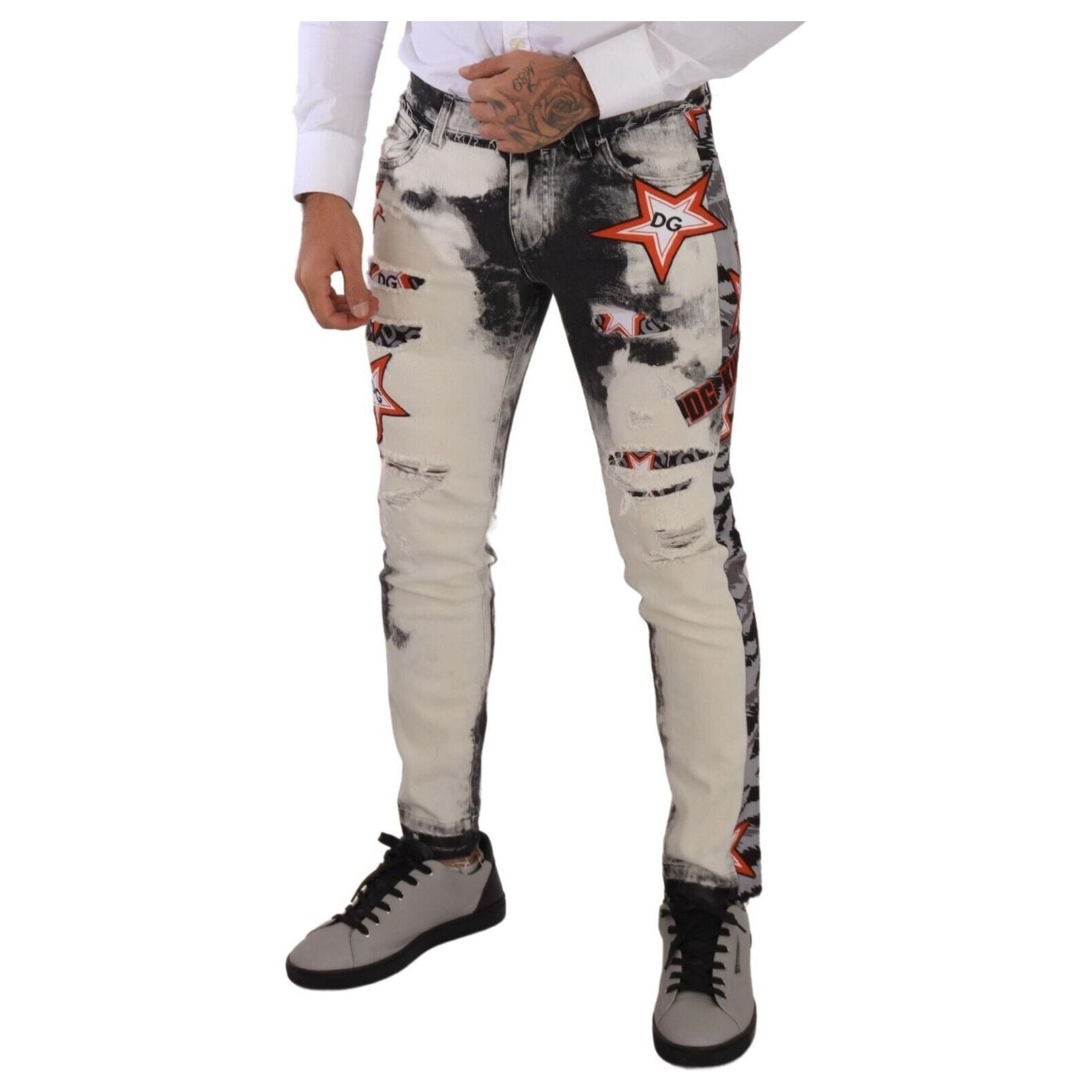 Dolce & Gabbana Blue Cotton Slim Fit Star Motif Jeans