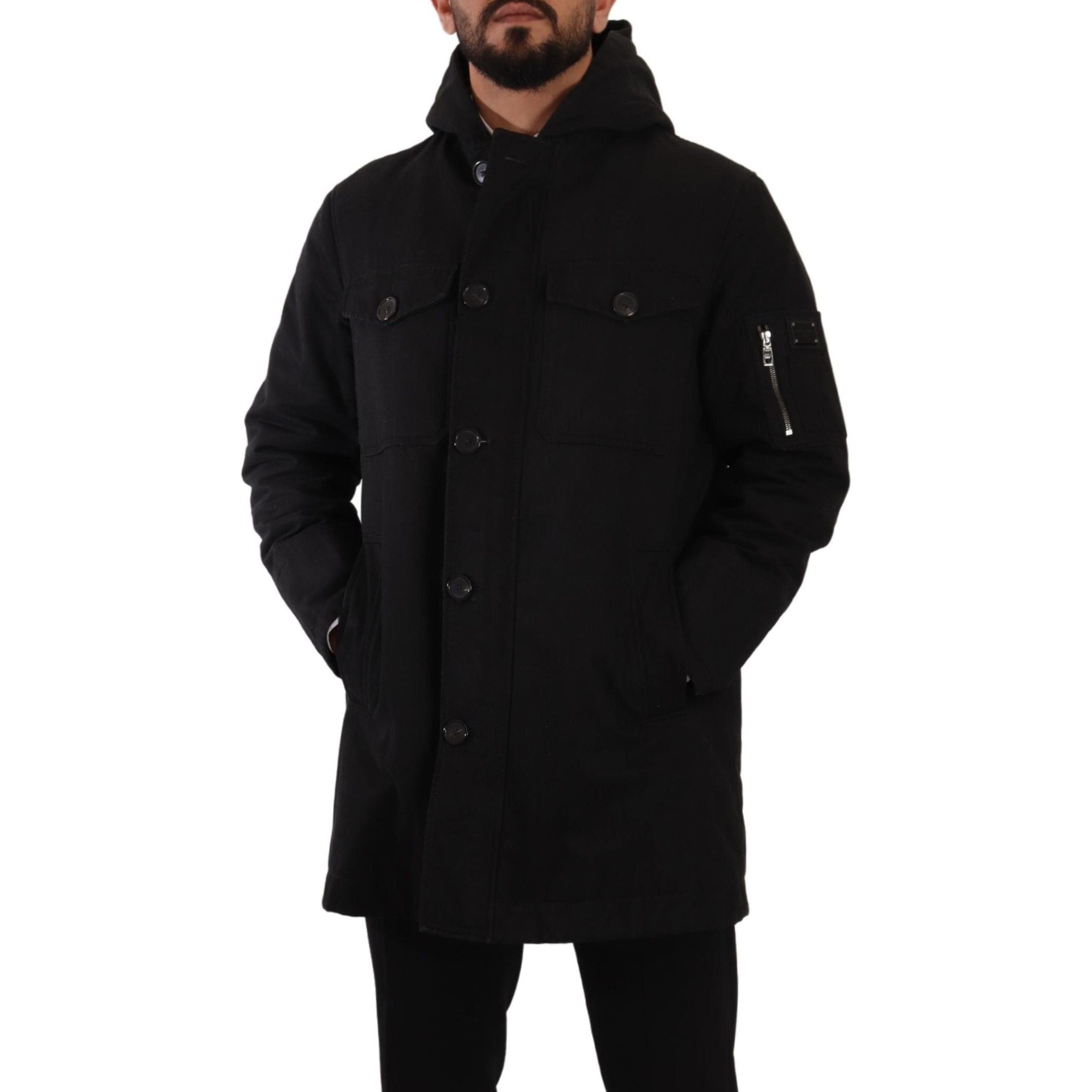 Dolce & Gabbana Black Cotton Parka Hooded Jacket