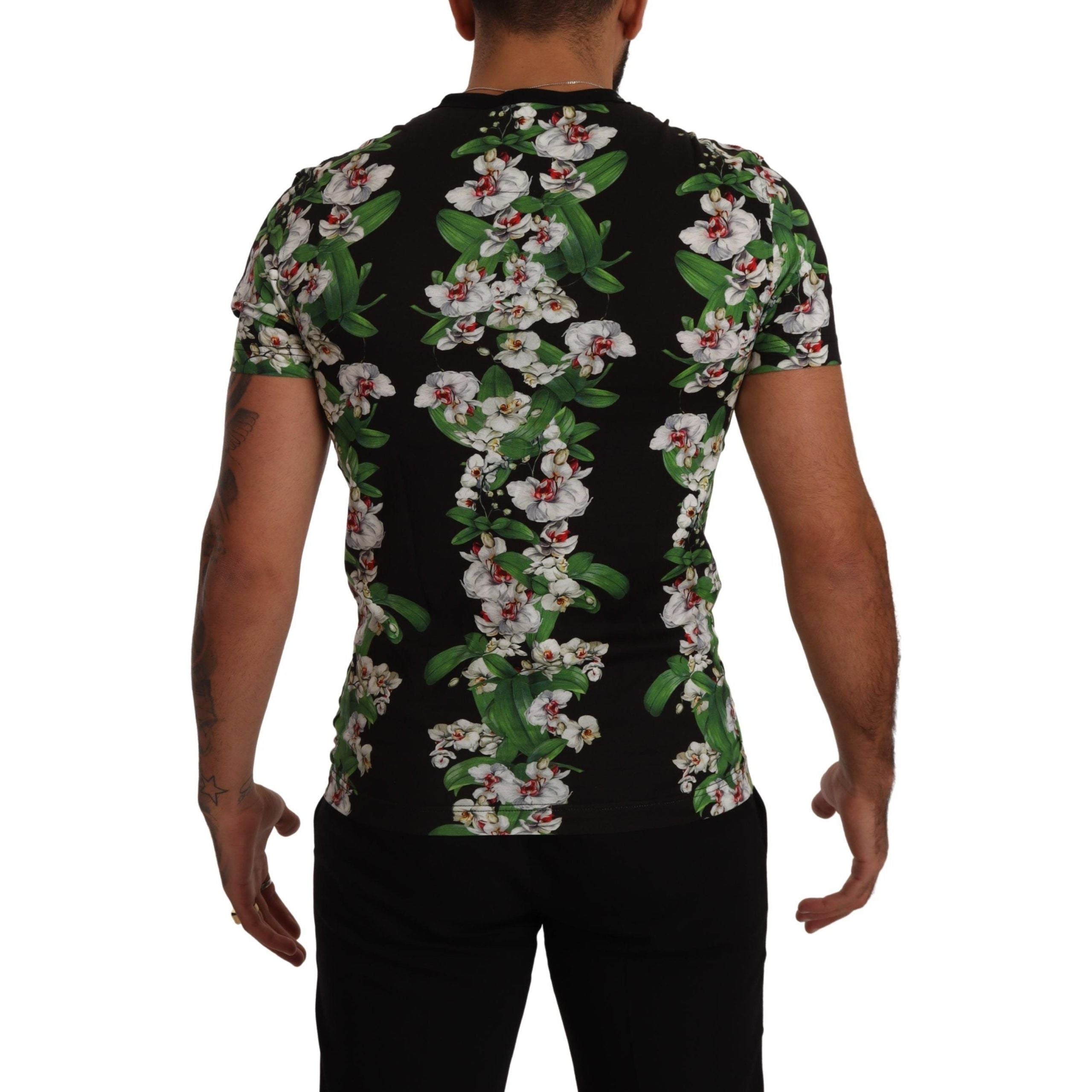 Dolce & Gabbana Black Cotton Elegant Floral Crewneck Tee