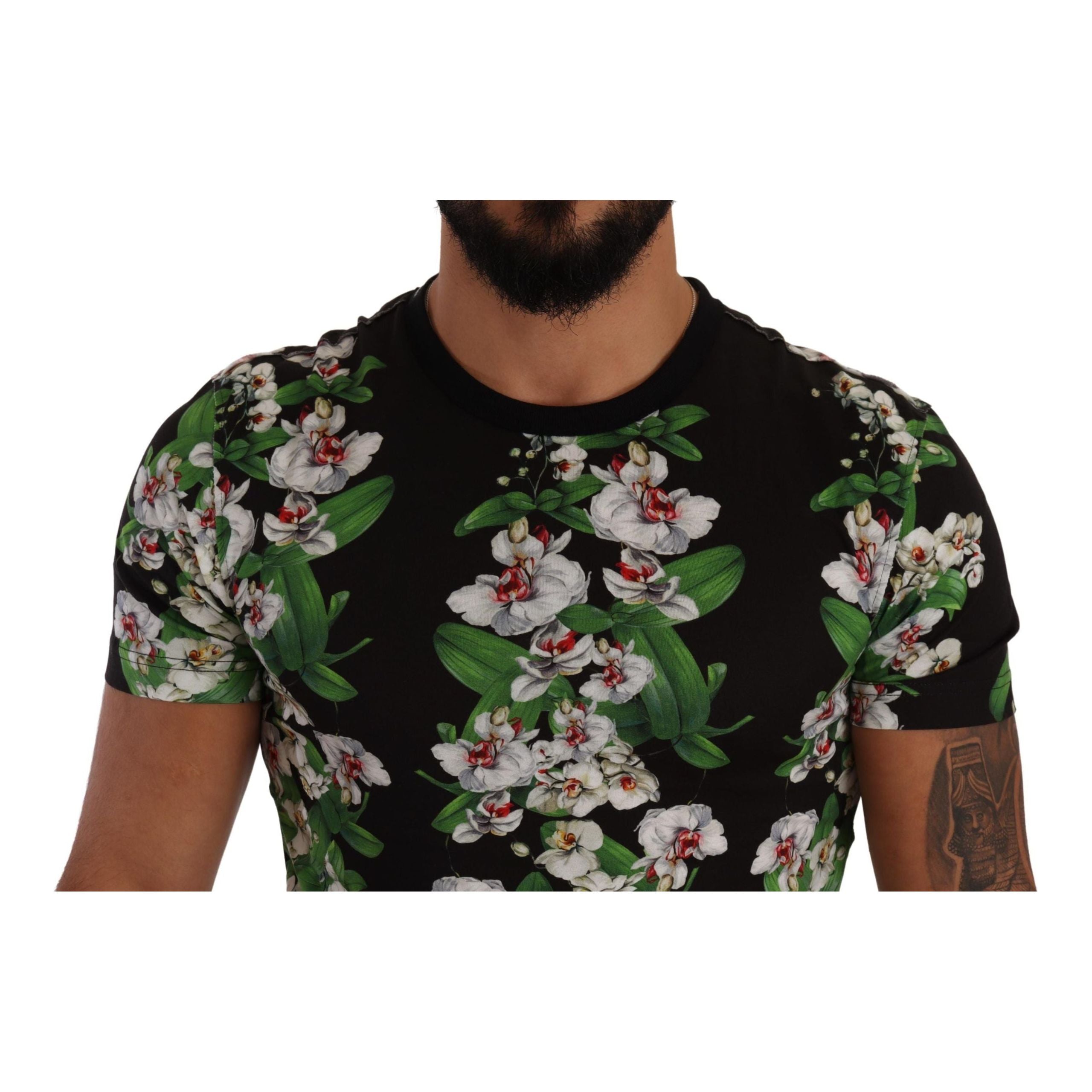 Dolce & Gabbana Black Cotton Elegant Floral Crewneck Tee