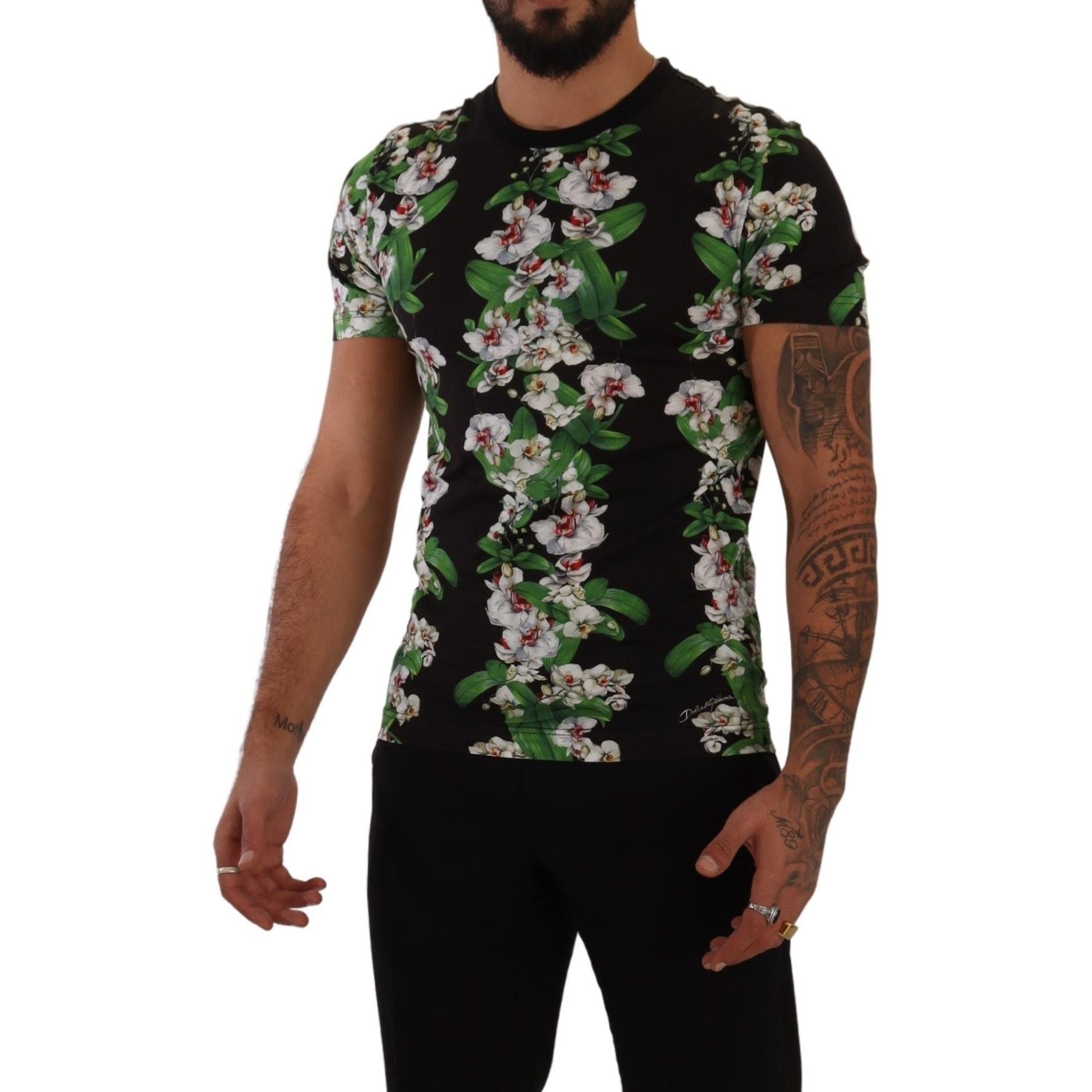 Dolce & Gabbana Black Cotton Elegant Floral Crewneck Tee
