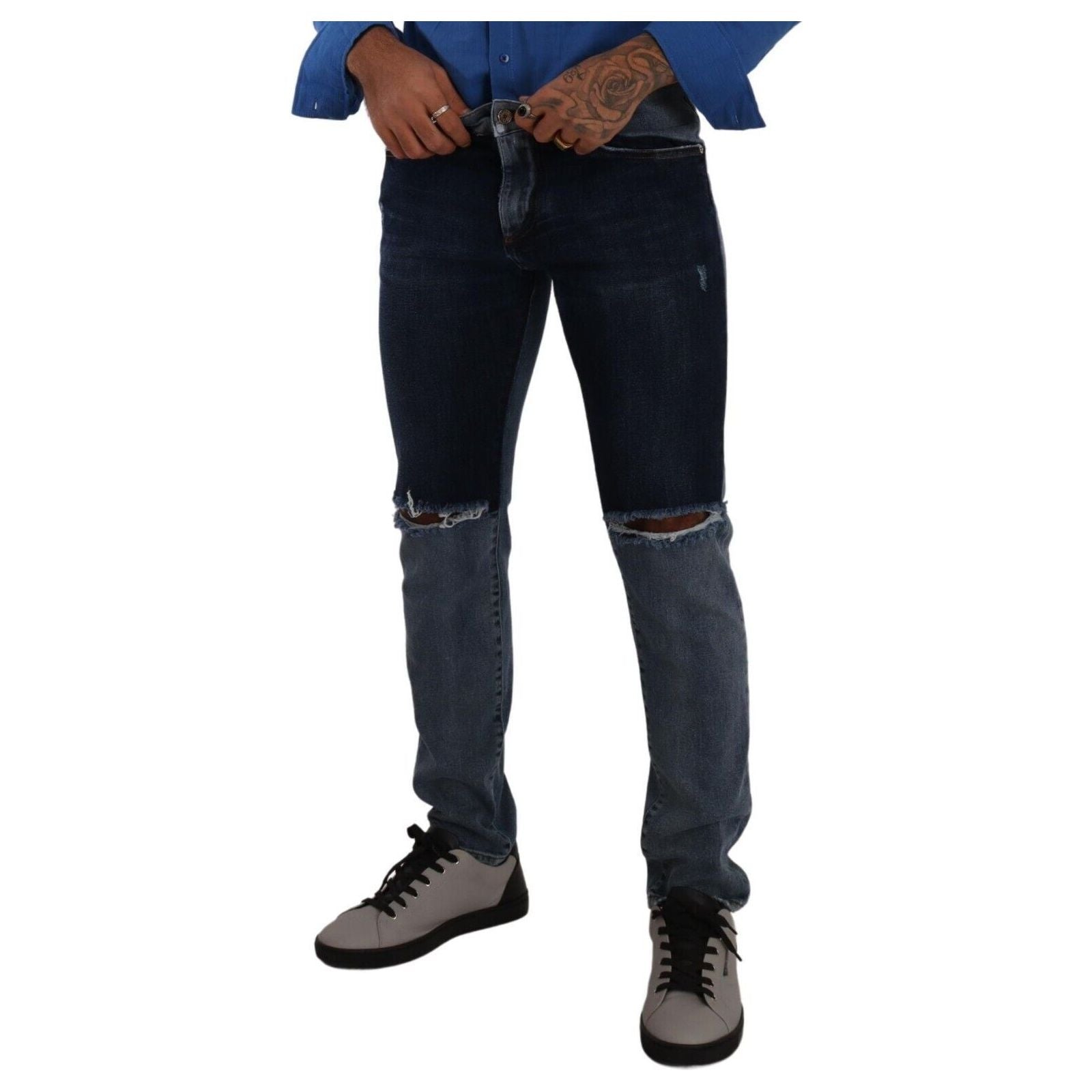 Dolce & Gabbana Blue Cotton-Stretch Tattered Denim Jeans