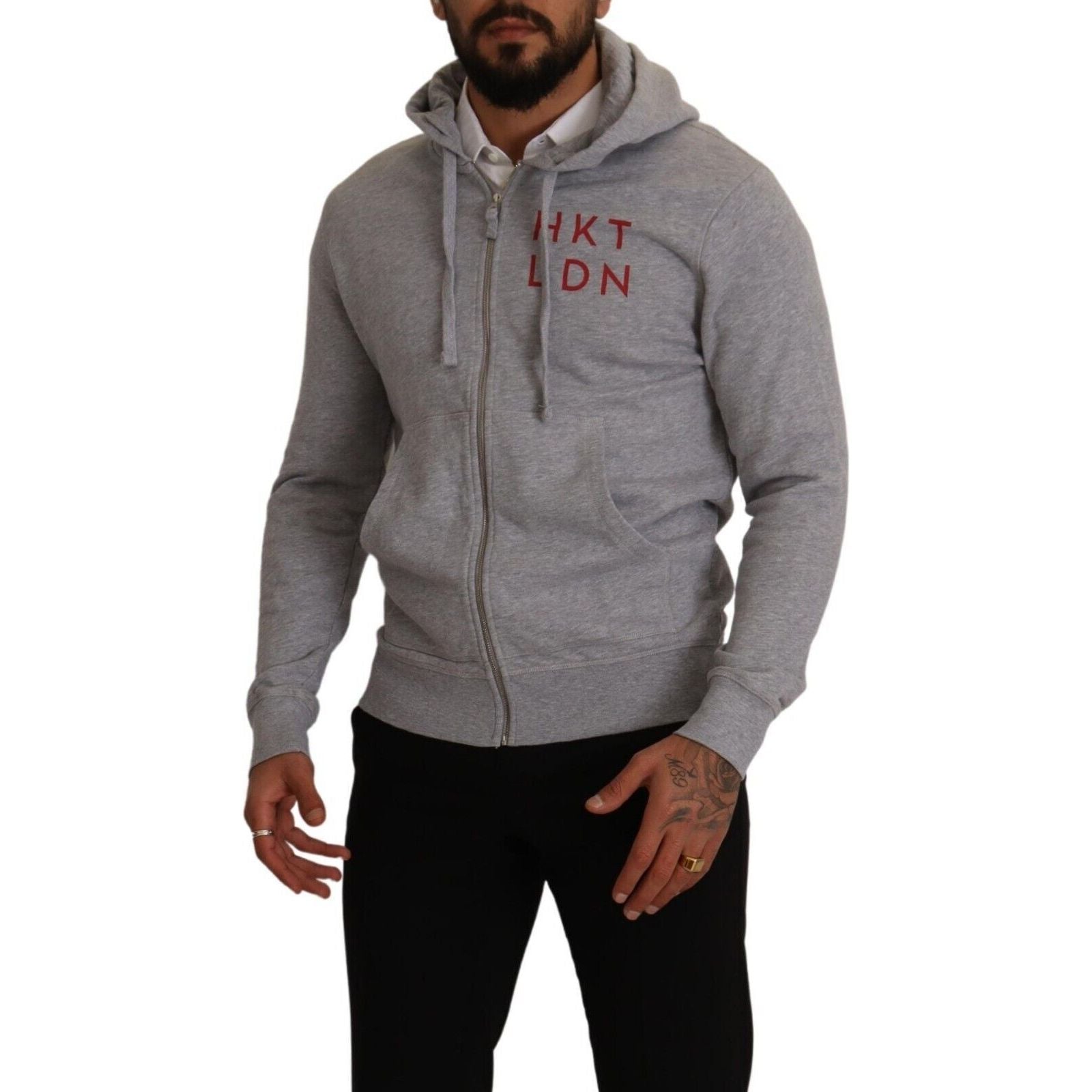 Hackett Light Gray Cotton Full Zip Hooded Sweater
