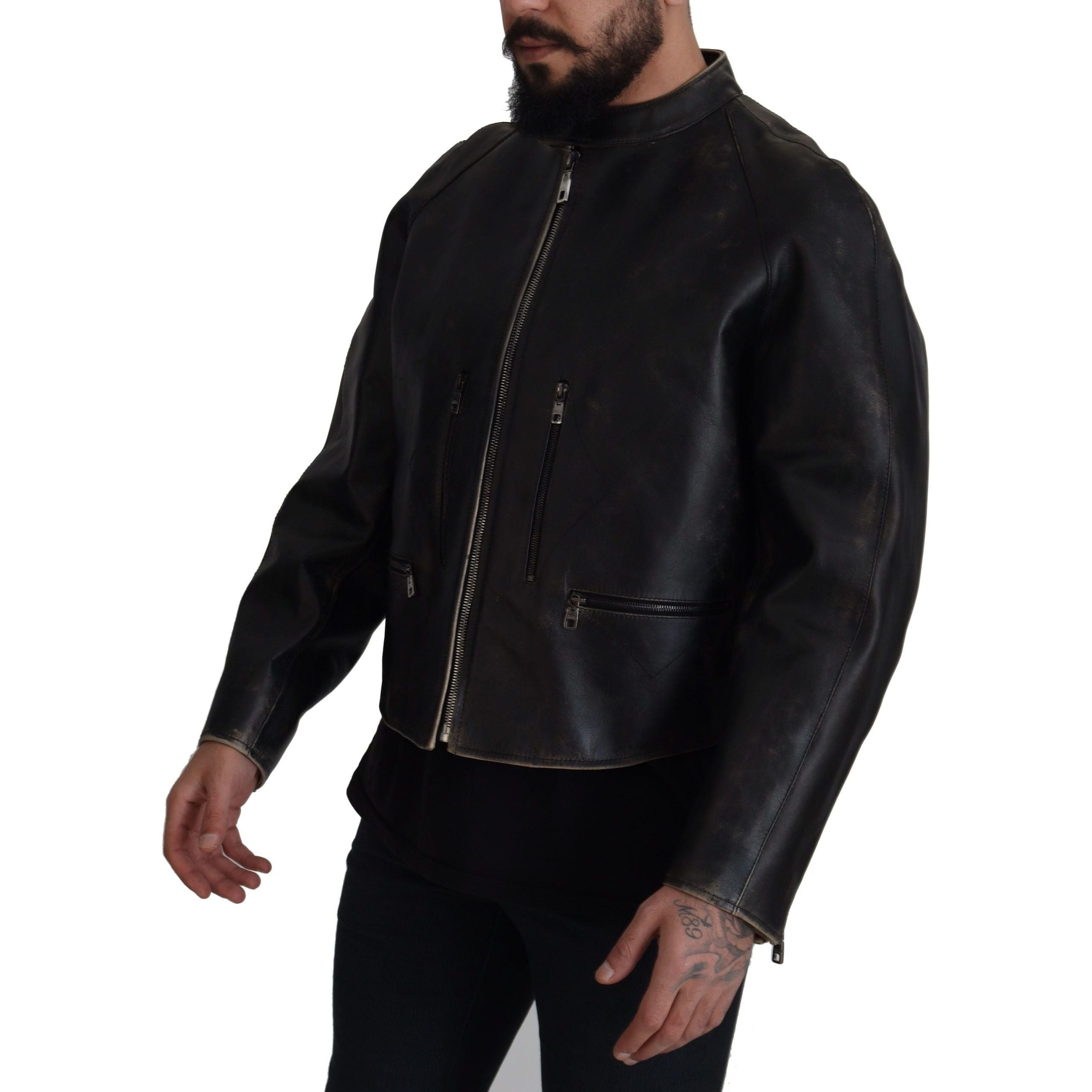 Dolce & Gabbana Black Leather Jacket with Silver Details