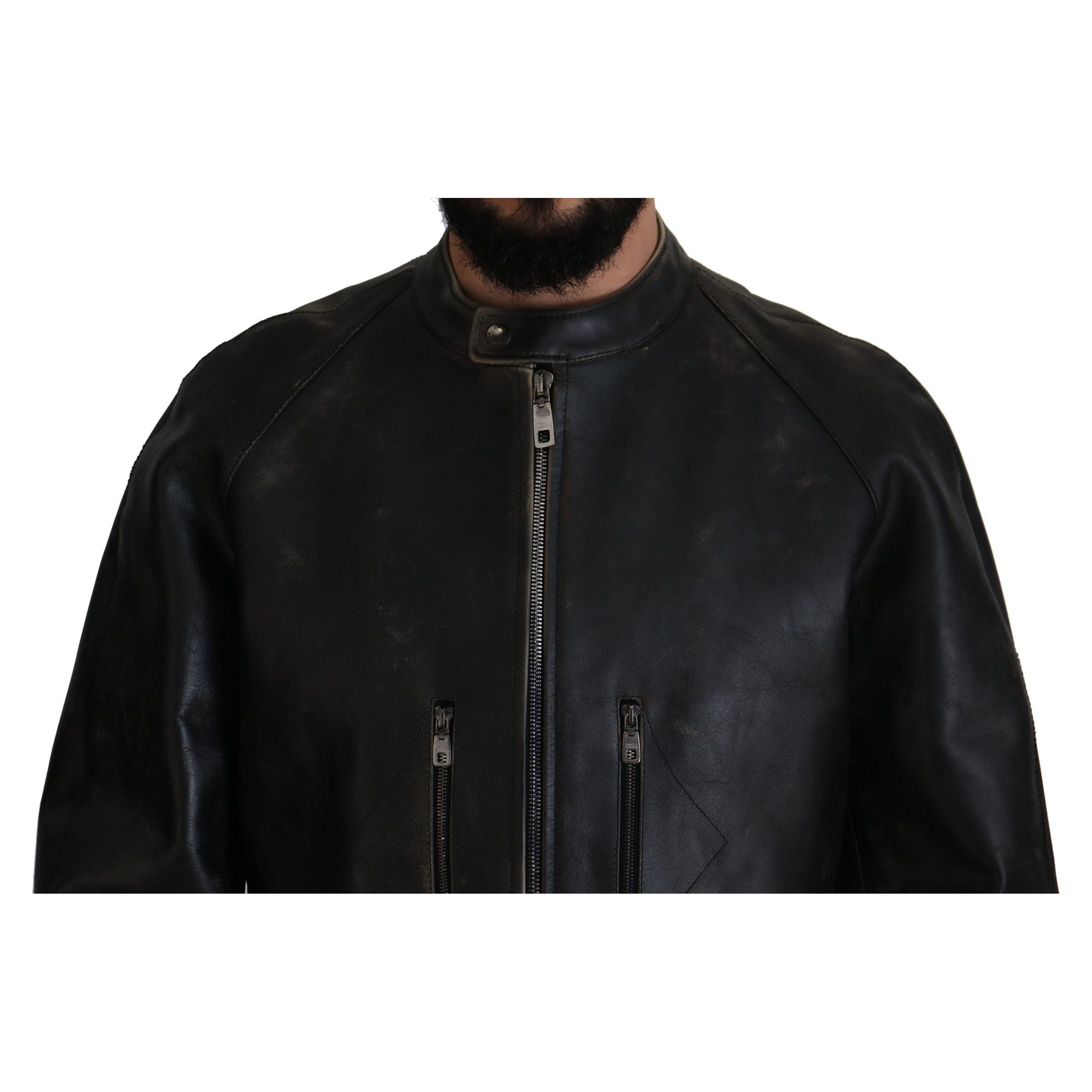 Dolce & Gabbana Black Leather Jacket with Silver Details