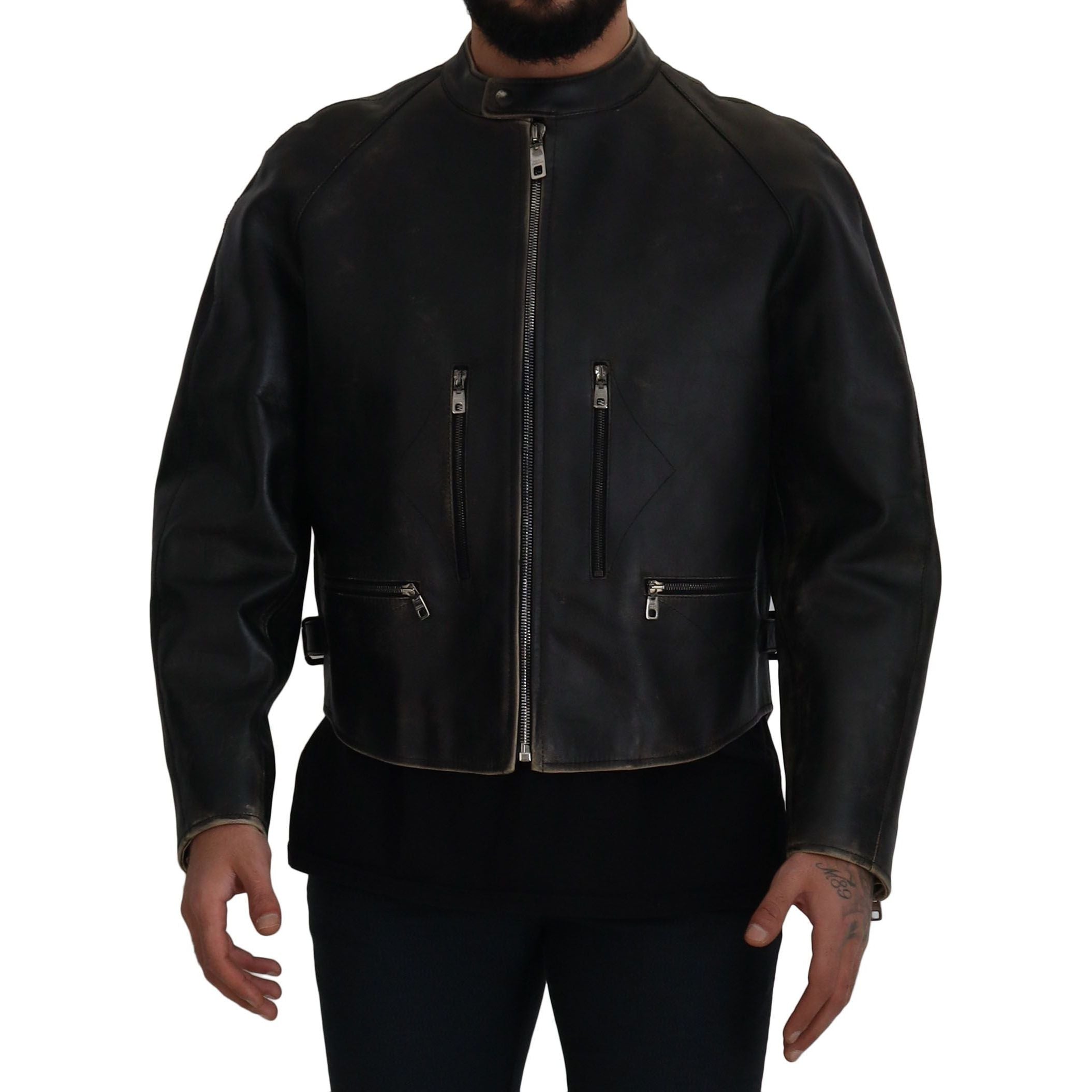 Dolce & Gabbana Black Leather Jacket with Silver Details