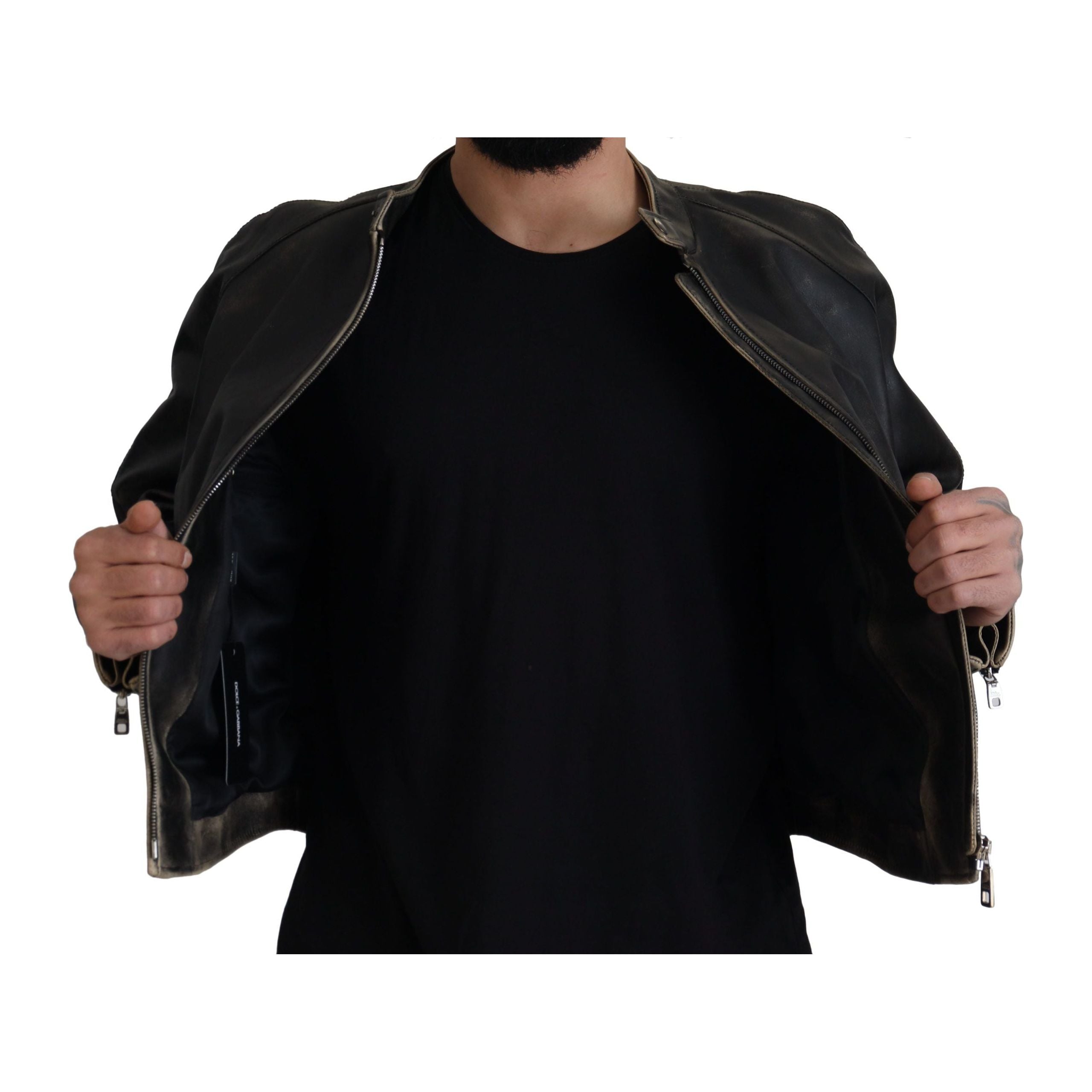 Dolce & Gabbana Black Leather Jacket with Silver Details