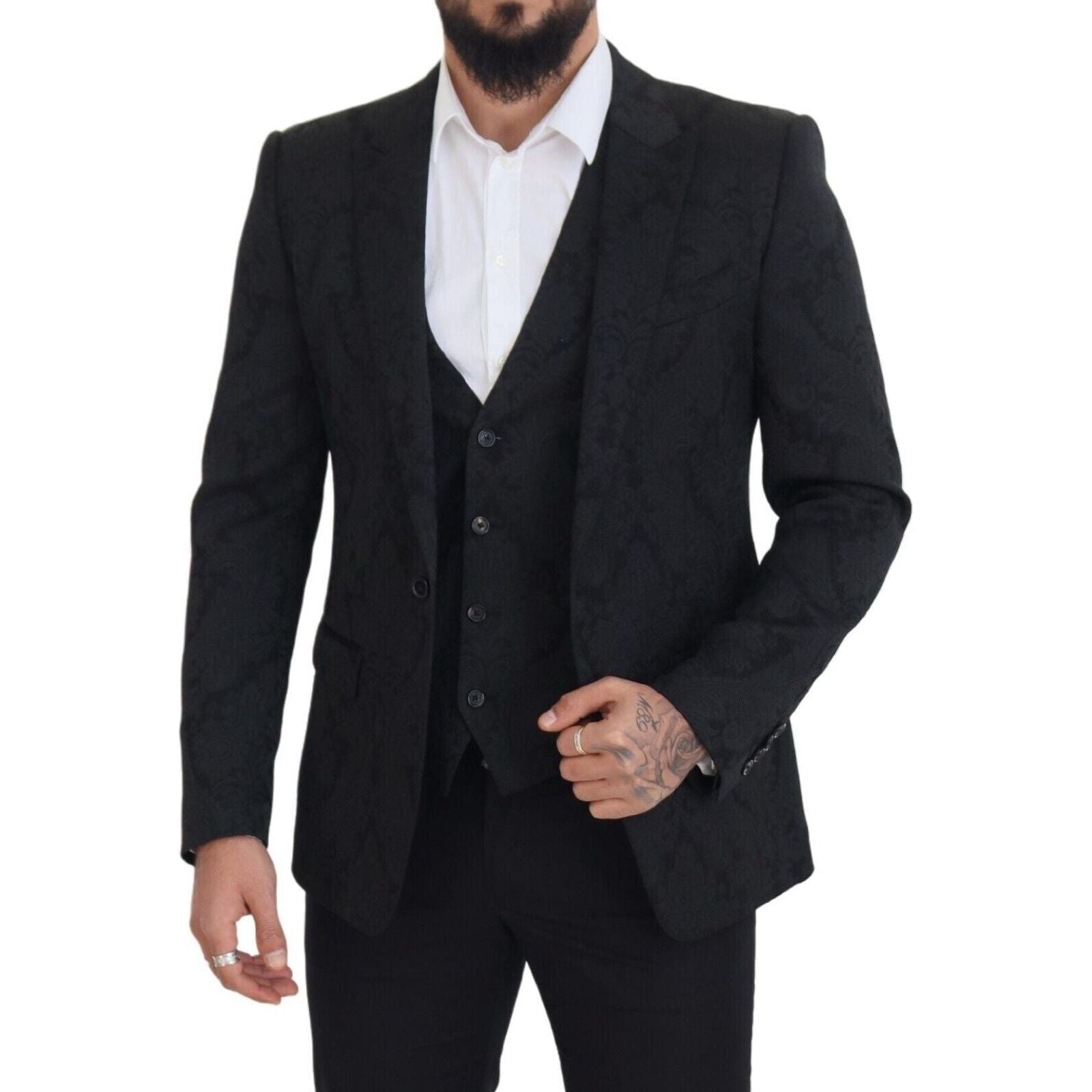 Dolce & Gabbana Black Wool Suit Jacket & Vest Ensemble