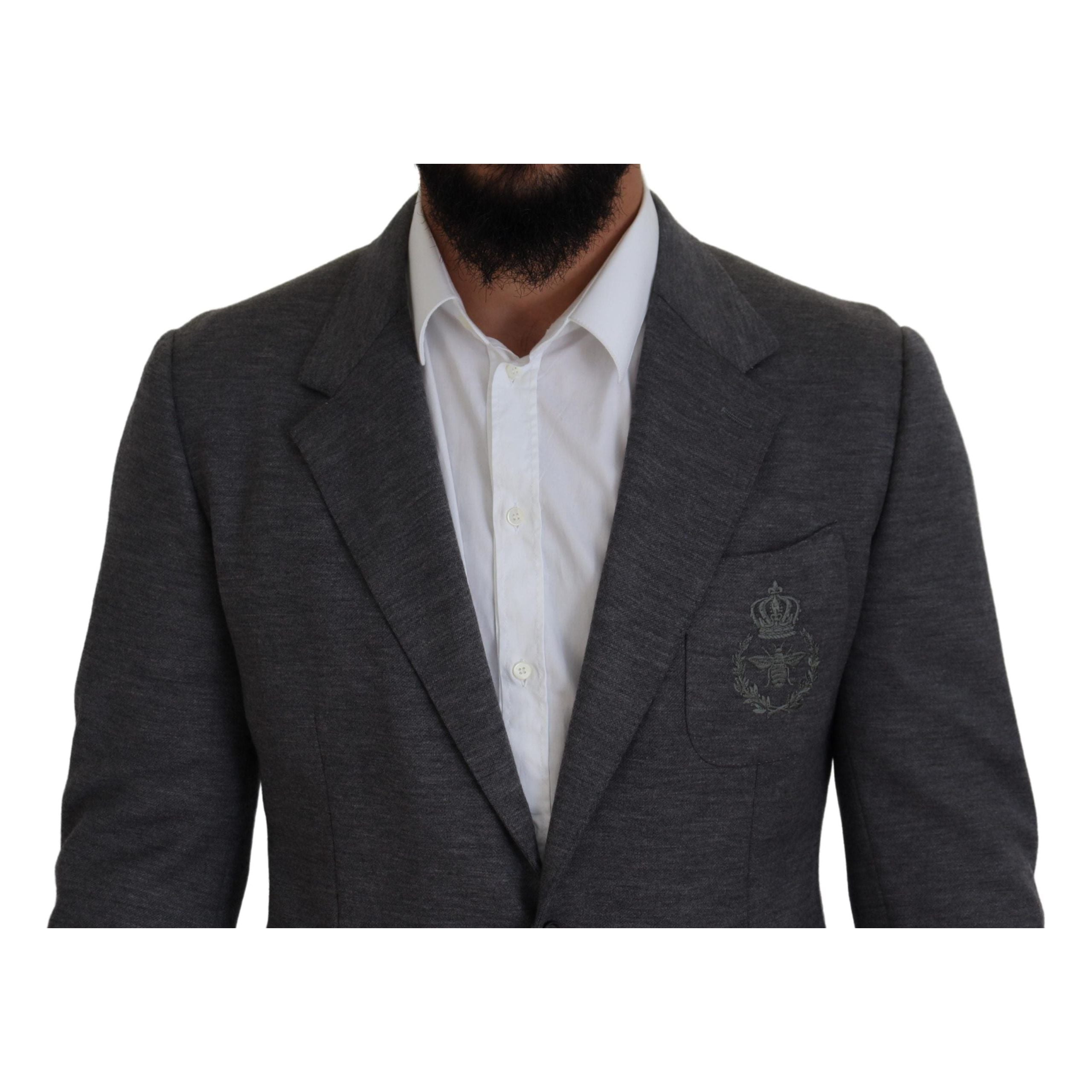 Dolce & Gabbana Gray Wool Blazer with Bee Crown Embroidery