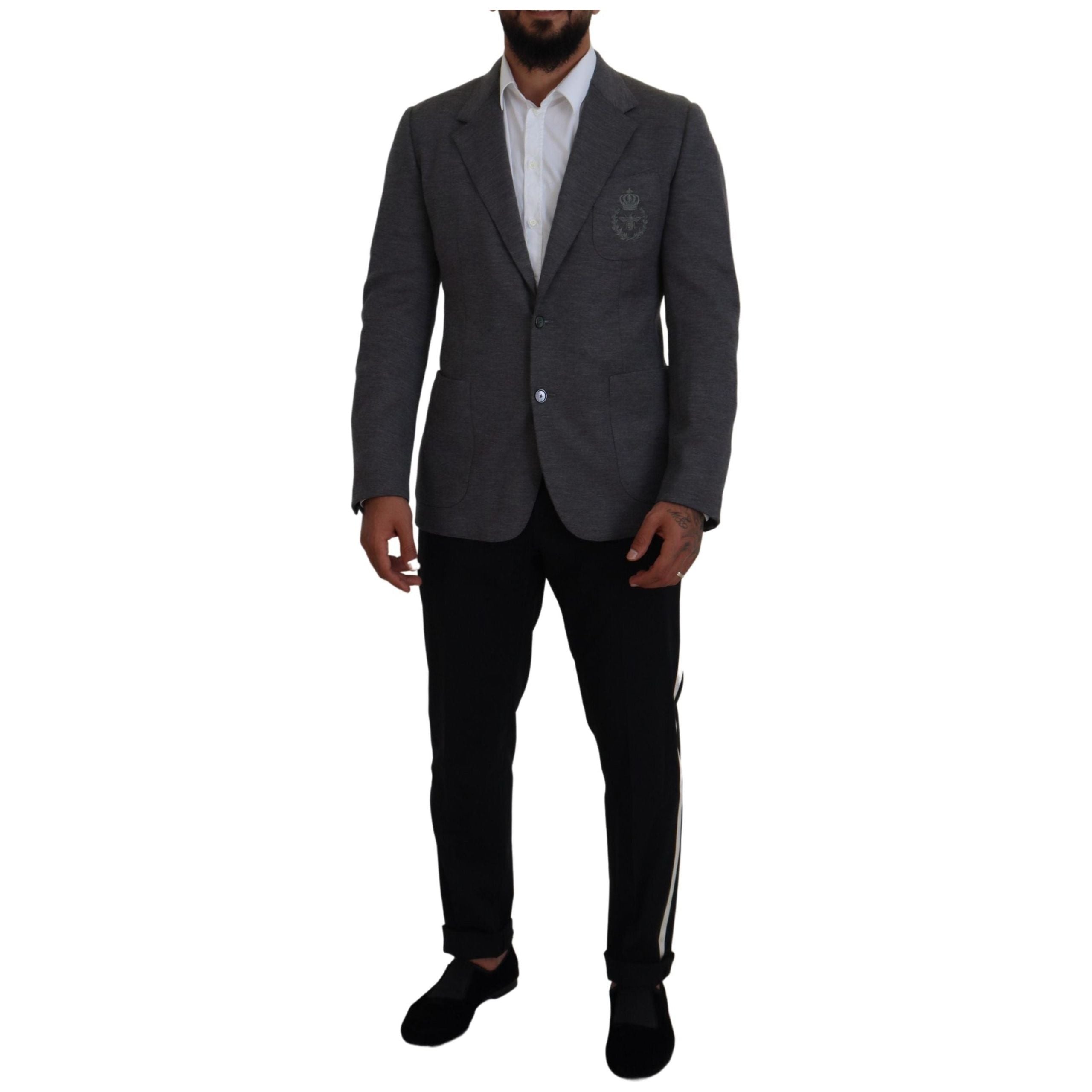 Dolce & Gabbana Gray Wool Blazer with Bee Crown Embroidery