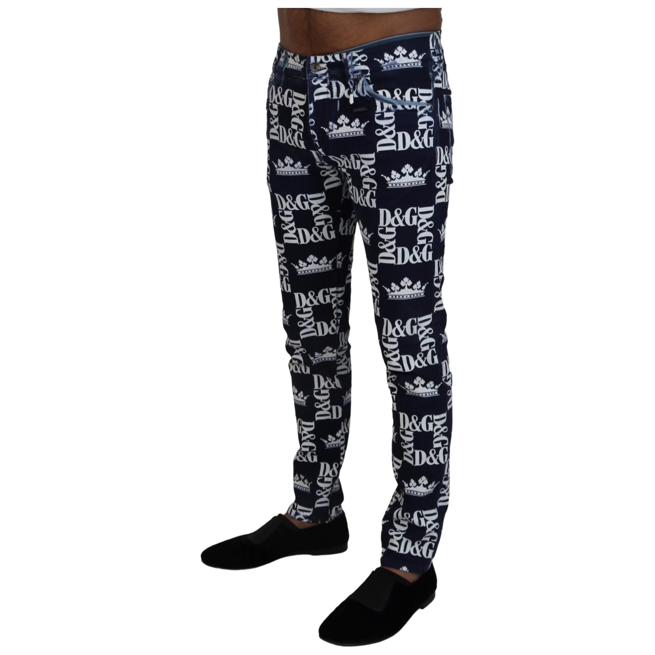 Dolce & Gabbana Blue Denim Crown Print Pants