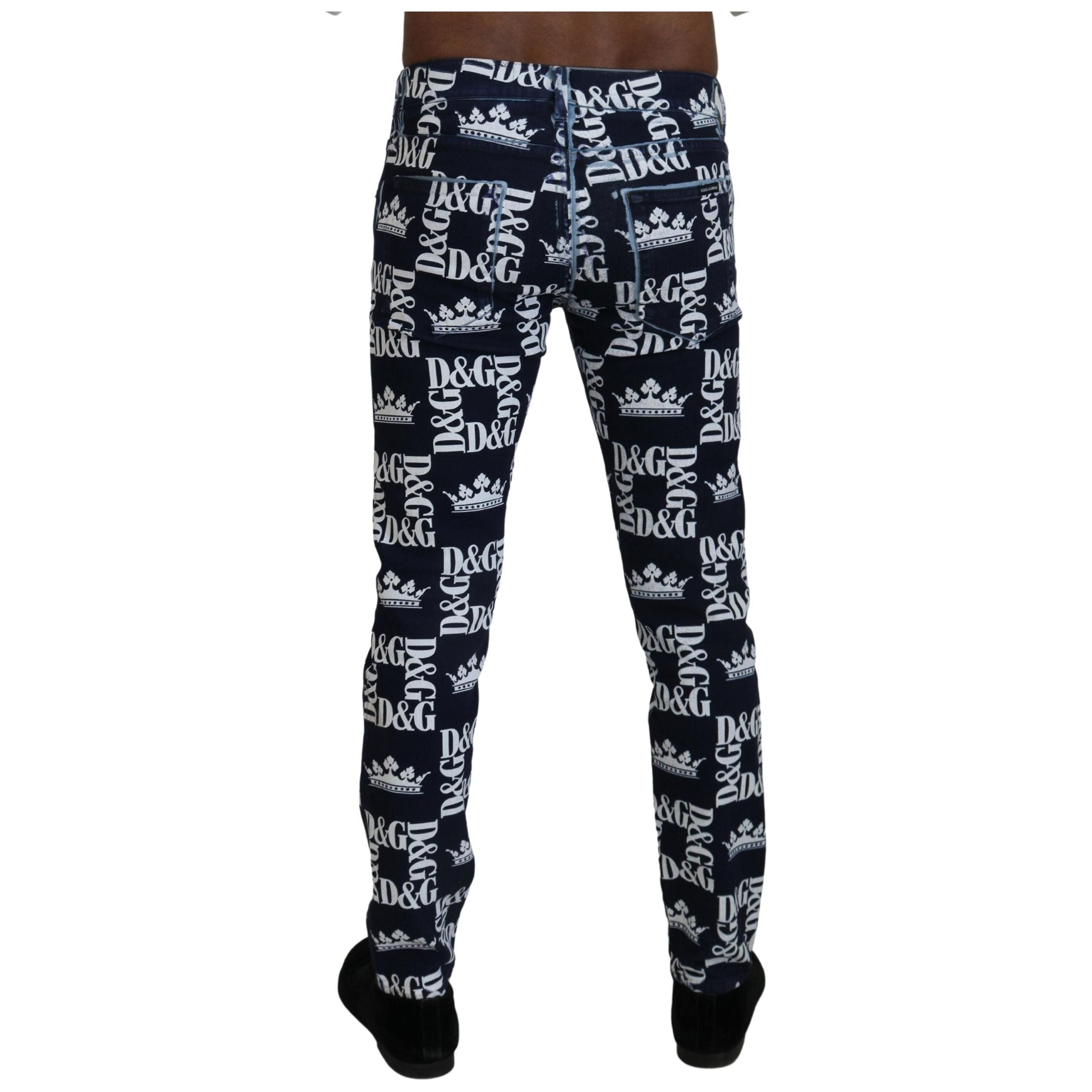 Dolce & Gabbana Blue Denim Crown Print Pants
