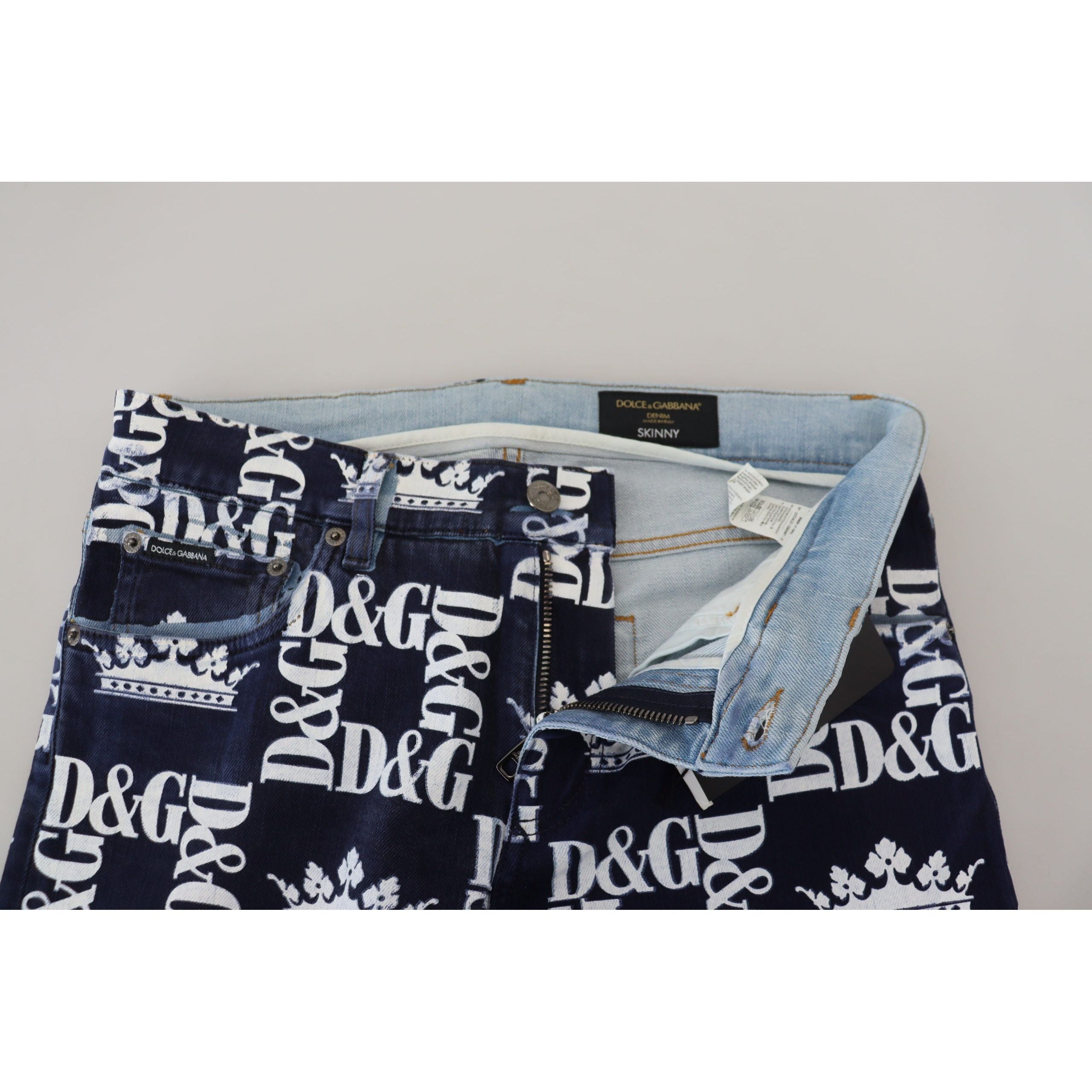 Dolce & Gabbana Blue Denim Crown Print Pants