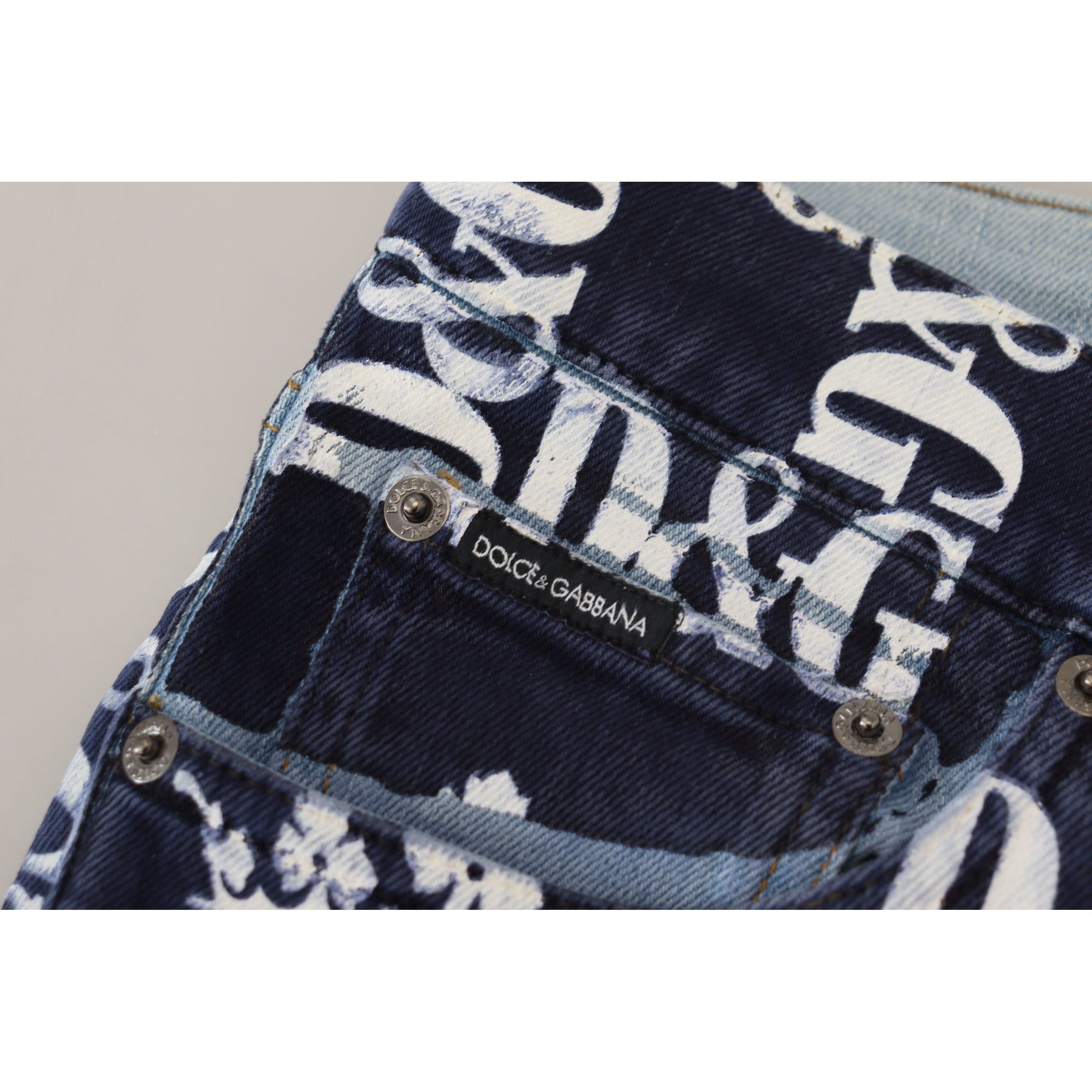 Dolce & Gabbana Blue Denim Crown Print Pants