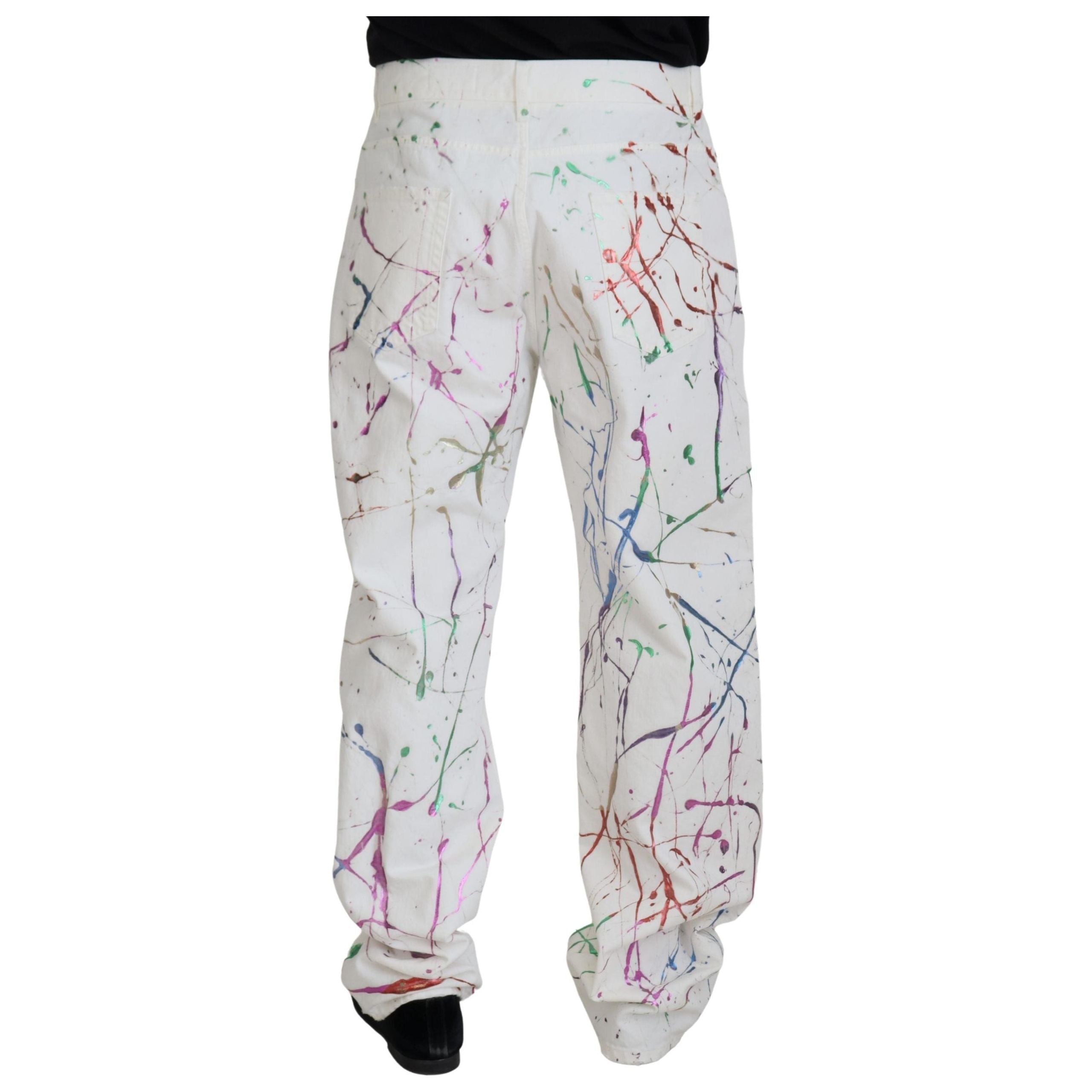 Dolce & Gabbana White Cotton Splash Print Denim Pants