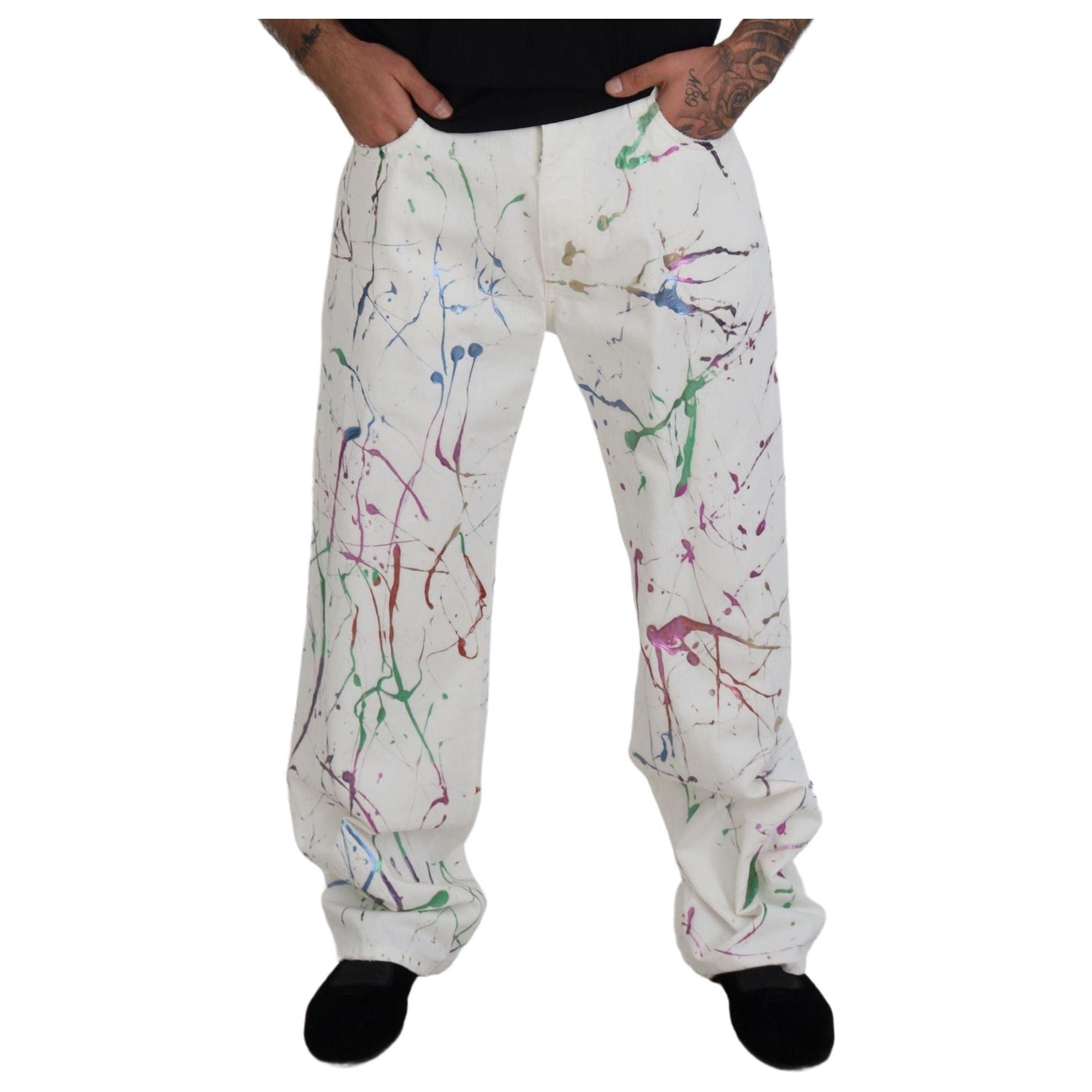 Dolce & Gabbana White Cotton Splash Print Denim Pants