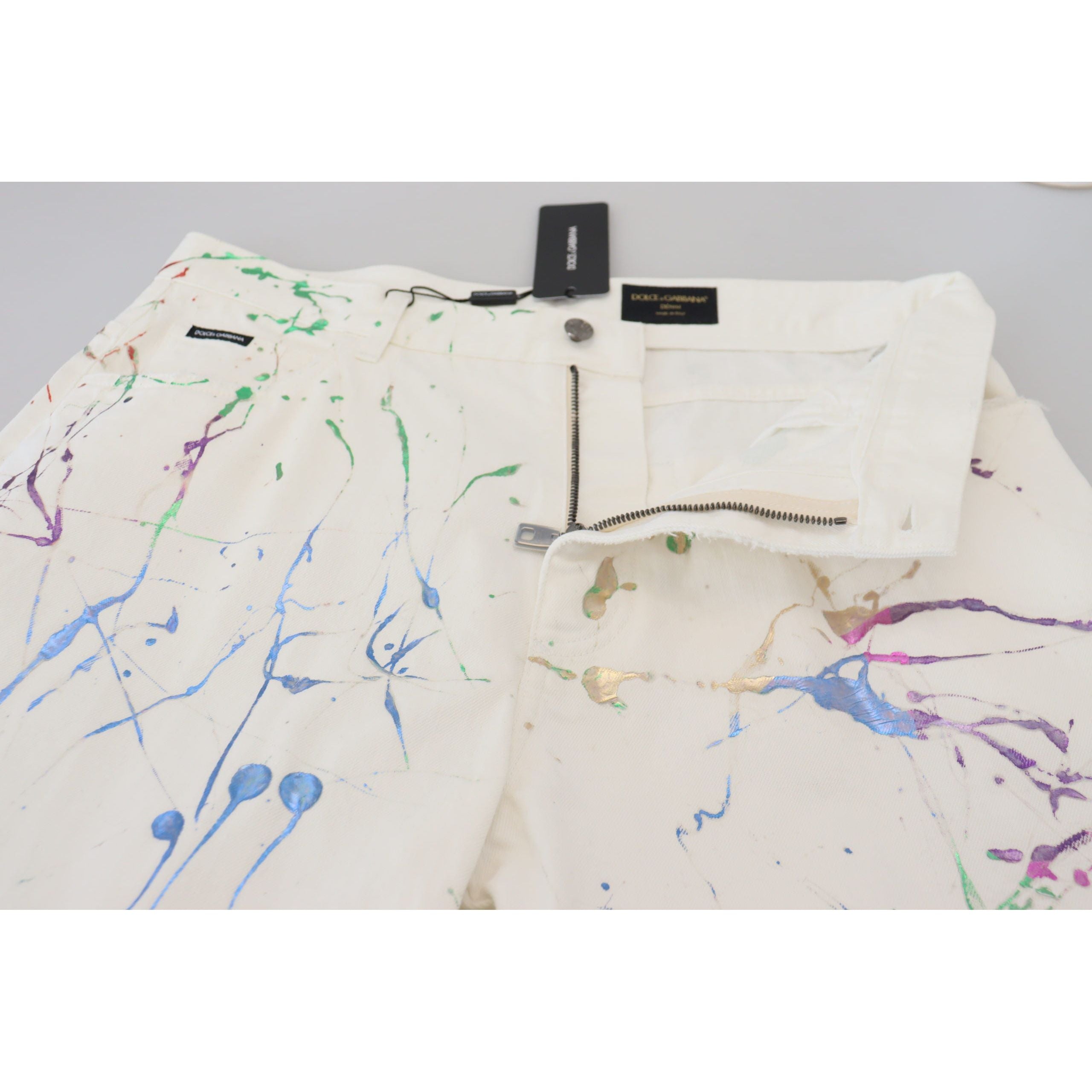 Dolce & Gabbana White Cotton Splash Print Denim Pants