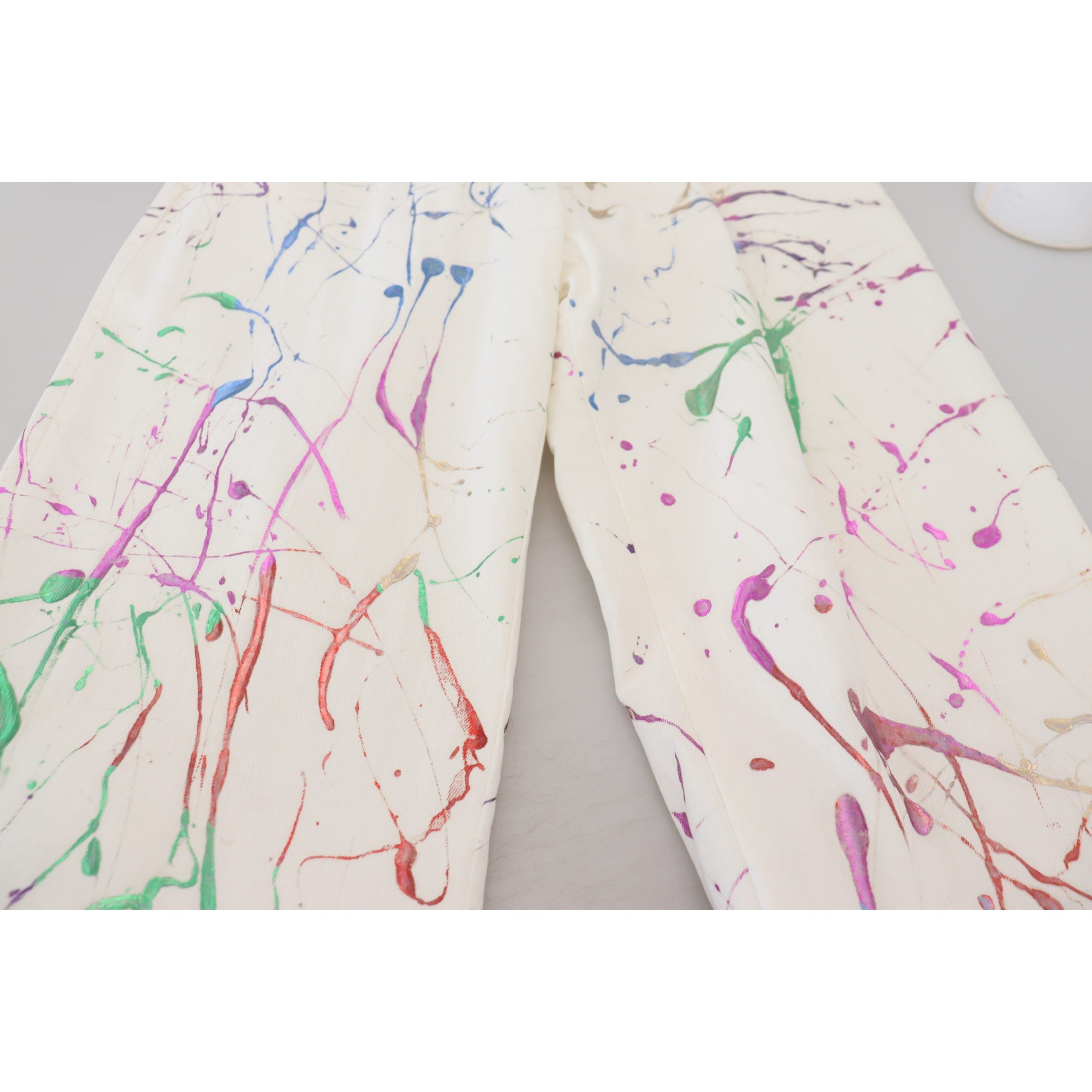 Dolce & Gabbana White Cotton Splash Print Denim Pants