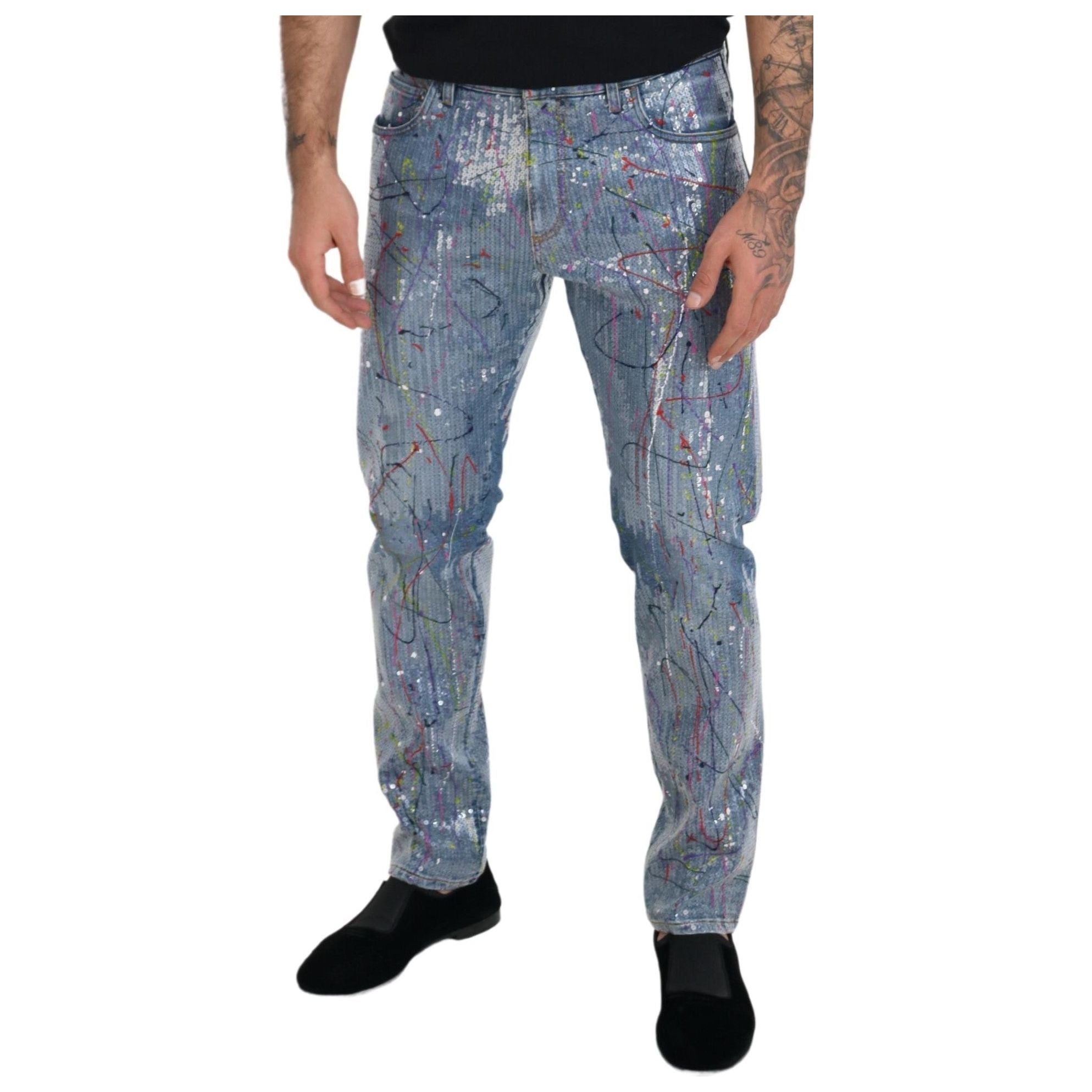 Dolce & Gabbana Blue Cotton Exquisite Color Splash Denim Pants
