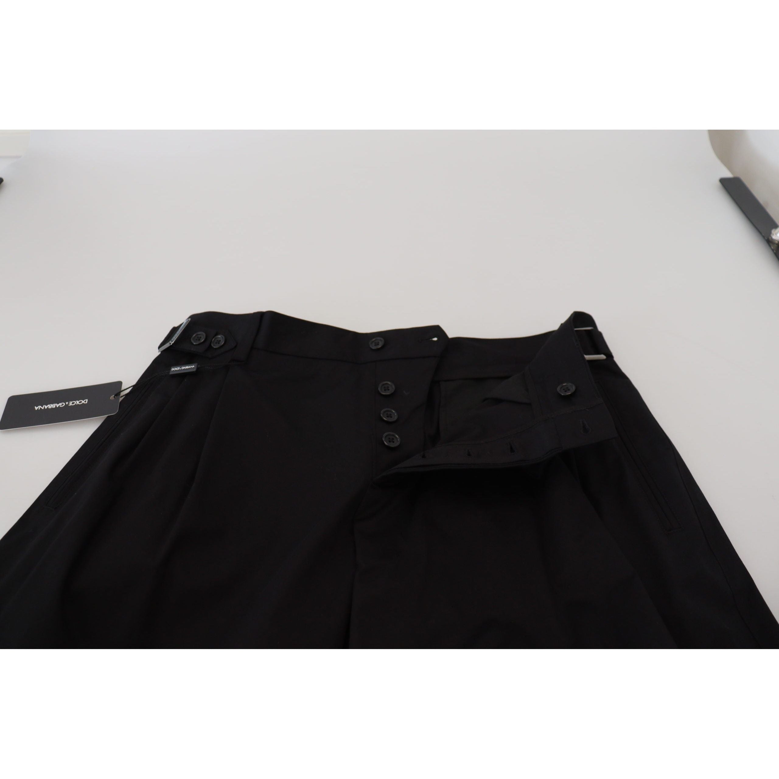Dolce & Gabbana Black Cotton Designer Pants with Side Buckle