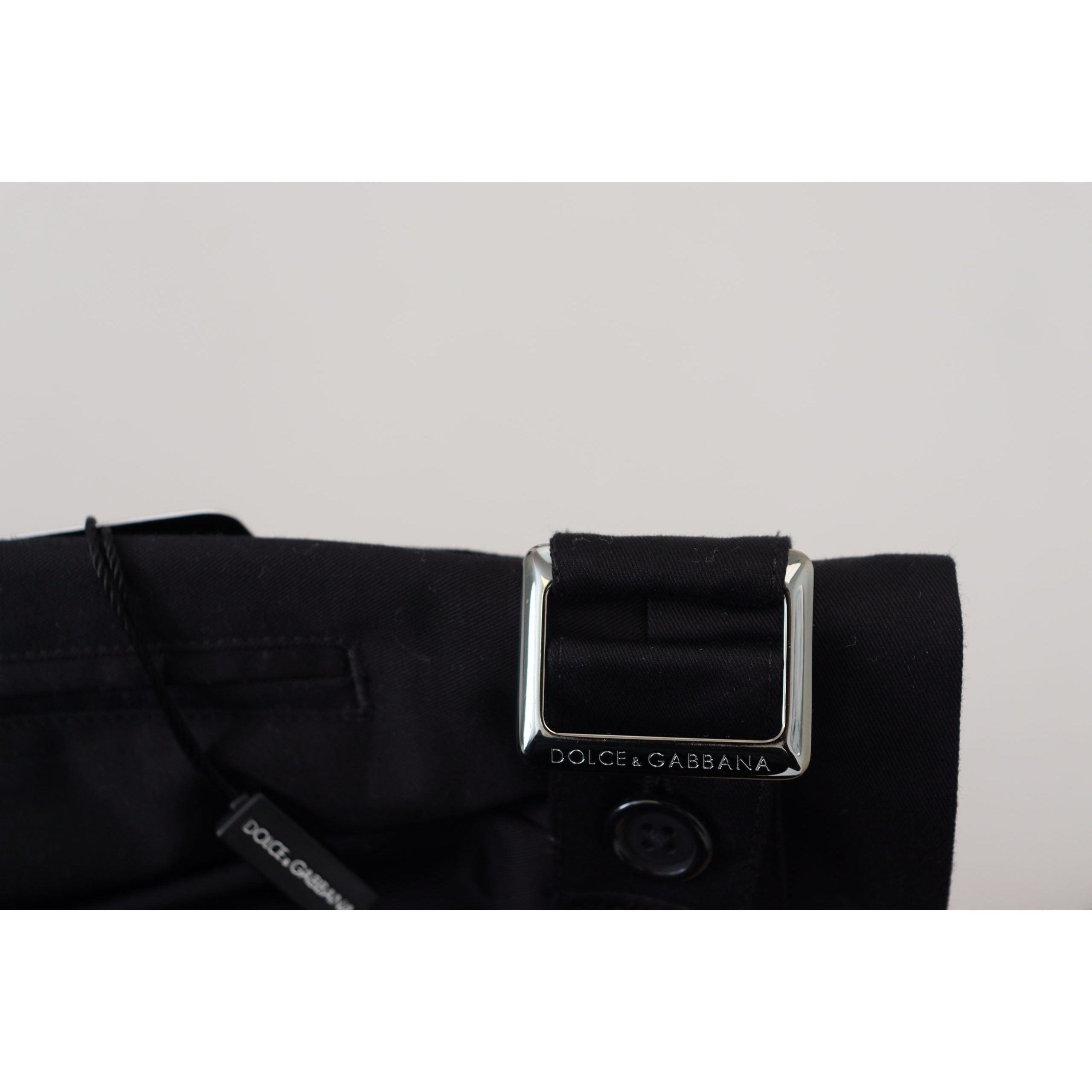 Dolce & Gabbana Black Cotton Designer Pants with Side Buckle