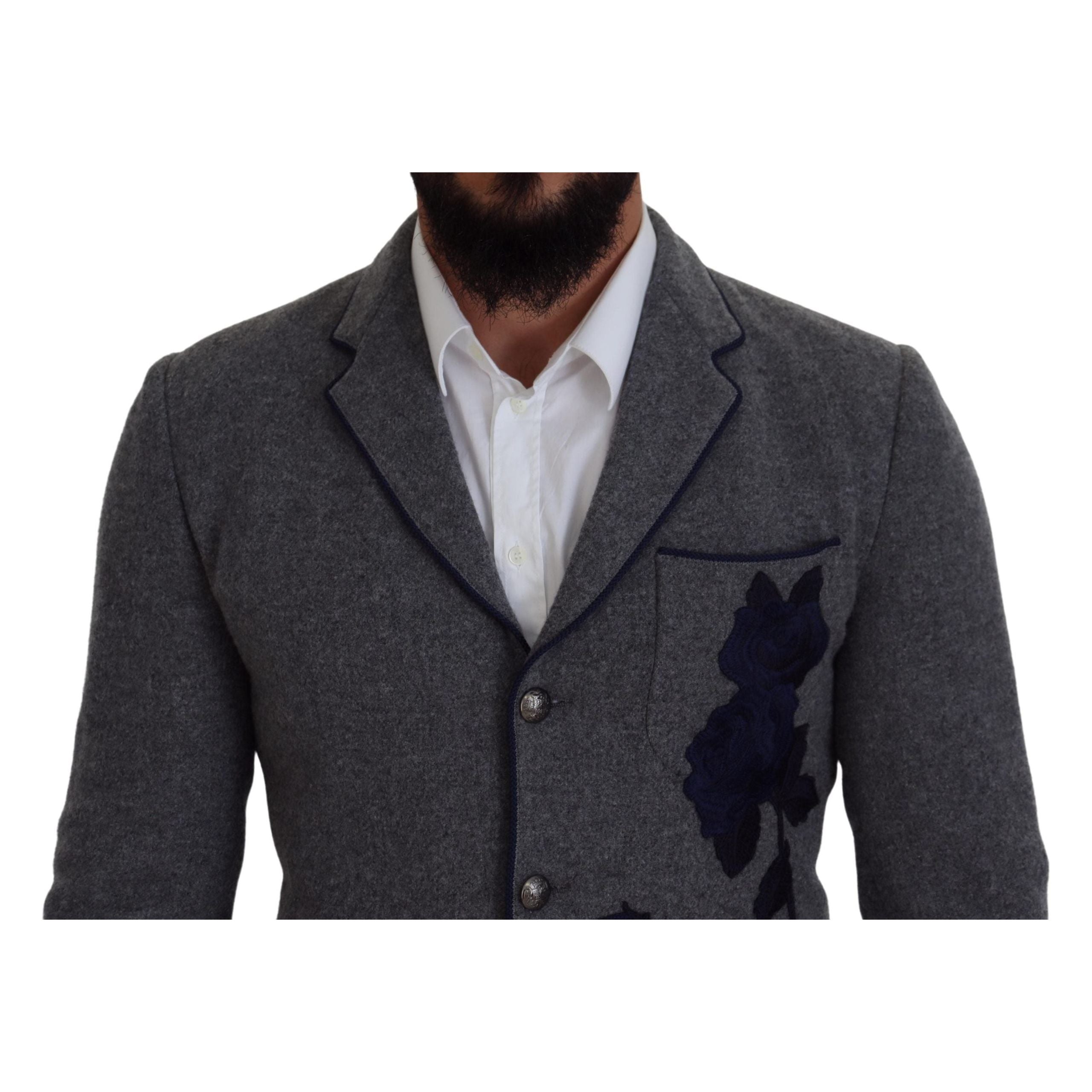 Dolce & Gabbana Gray Wool Blazer with Blue Rose Embroidery
