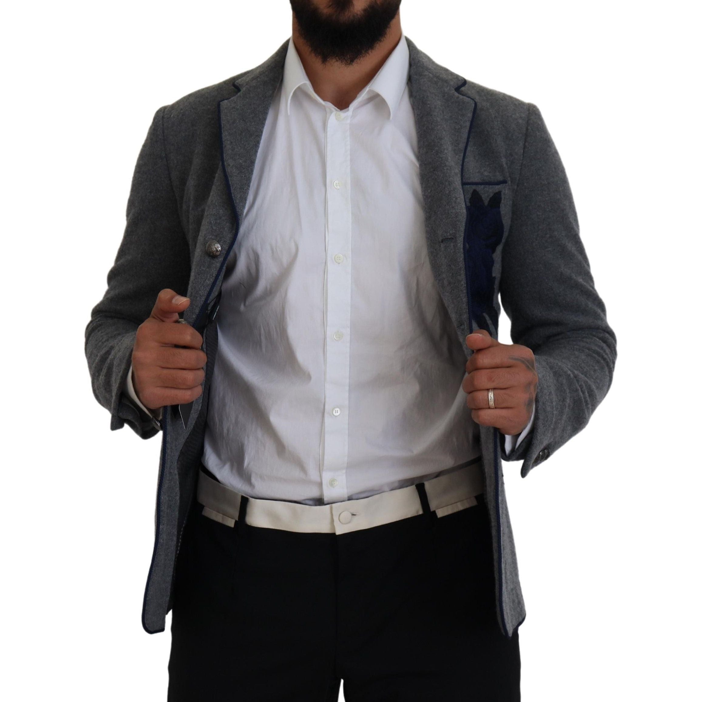 Dolce & Gabbana Gray Wool Blazer with Blue Rose Embroidery