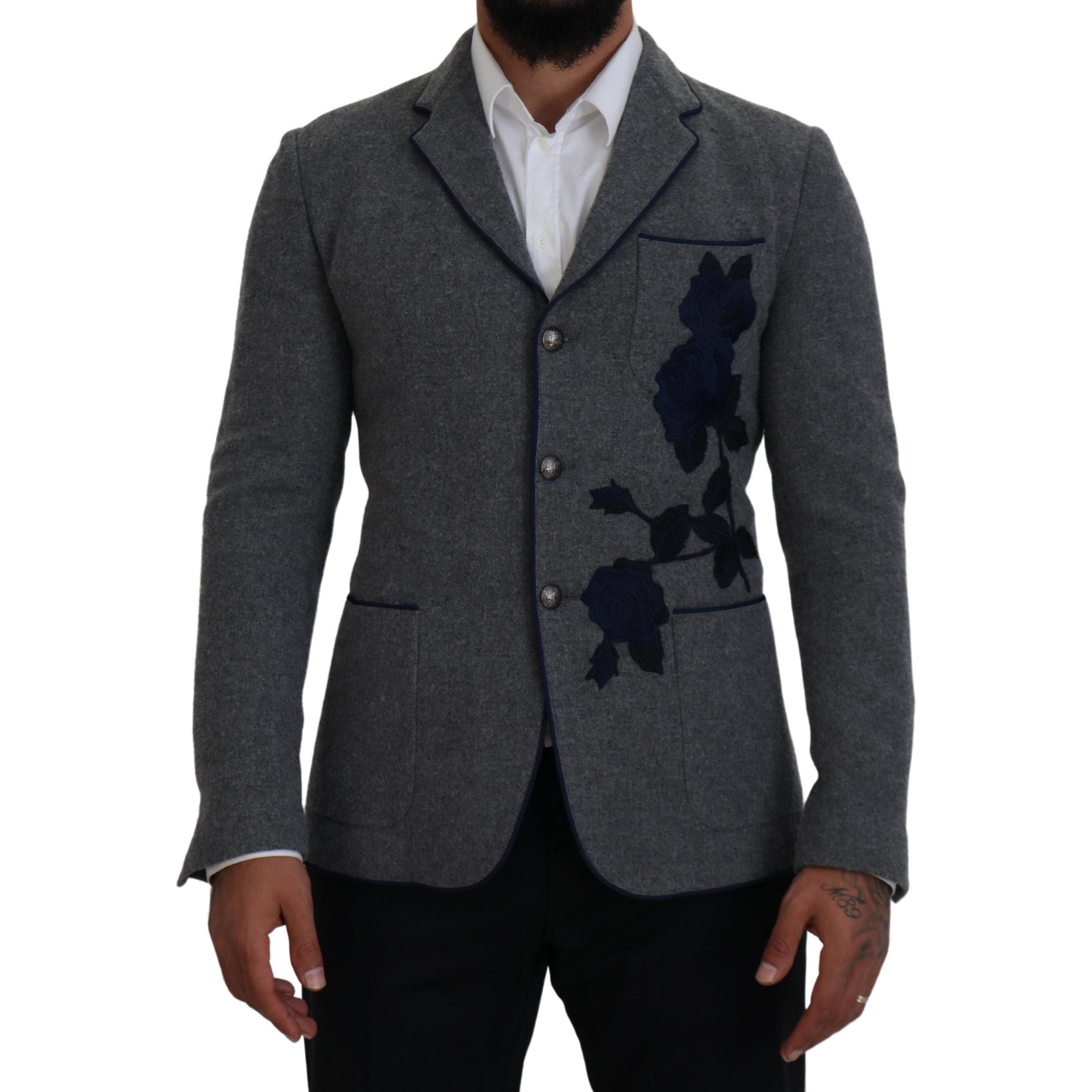 Dolce & Gabbana Gray Wool Blazer with Blue Rose Embroidery