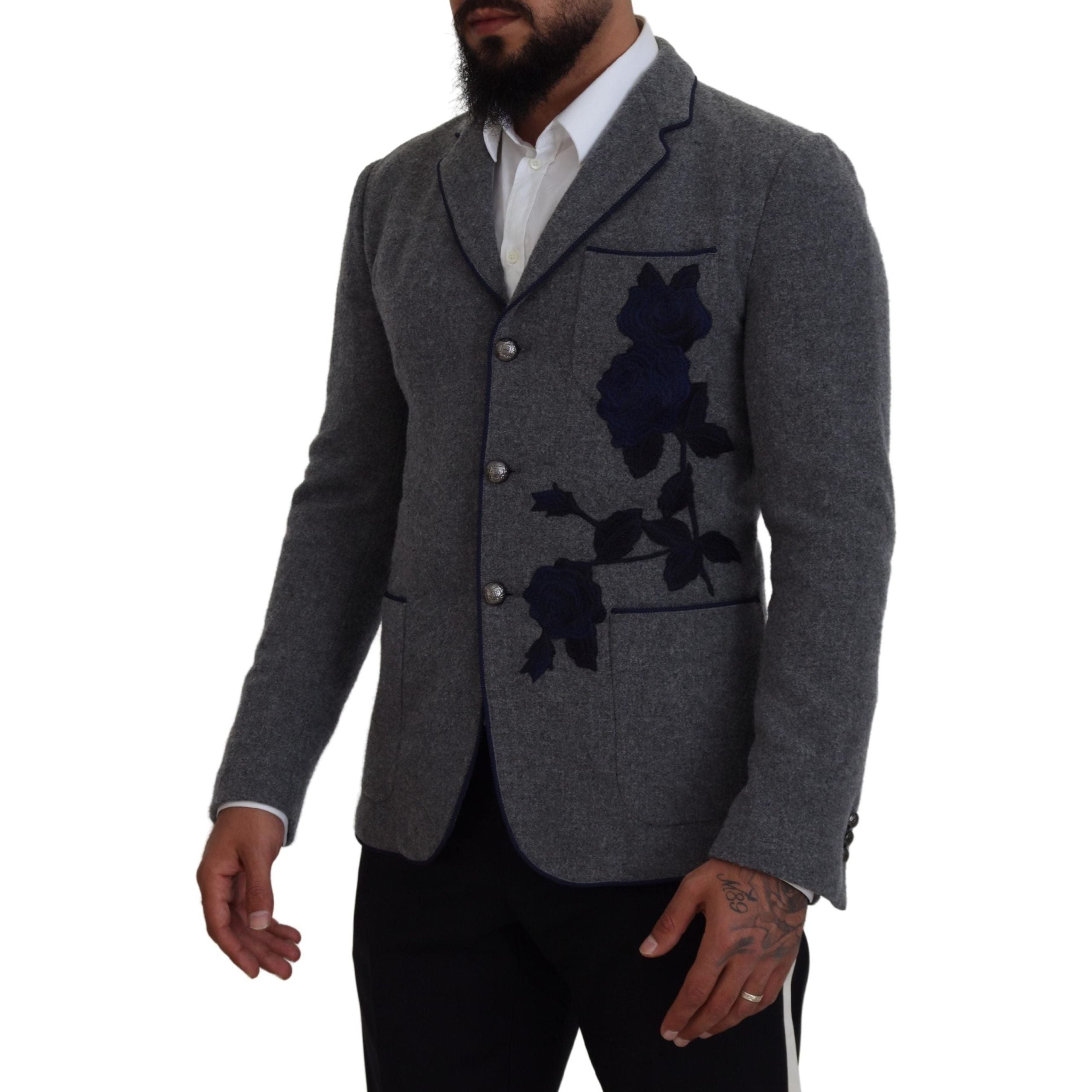 Dolce & Gabbana Gray Wool Blazer with Blue Rose Embroidery