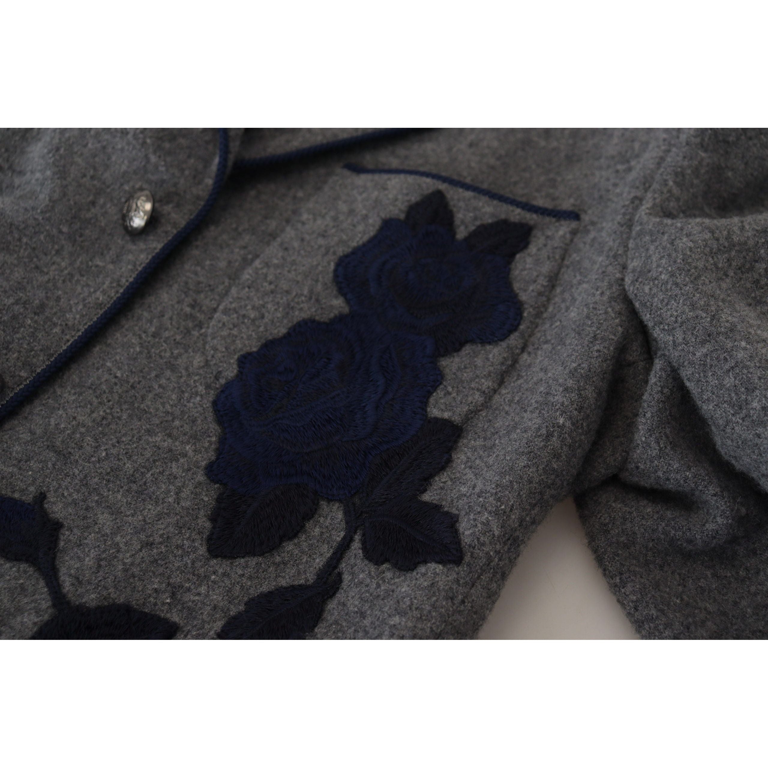 Dolce & Gabbana Gray Wool Blazer with Blue Rose Embroidery