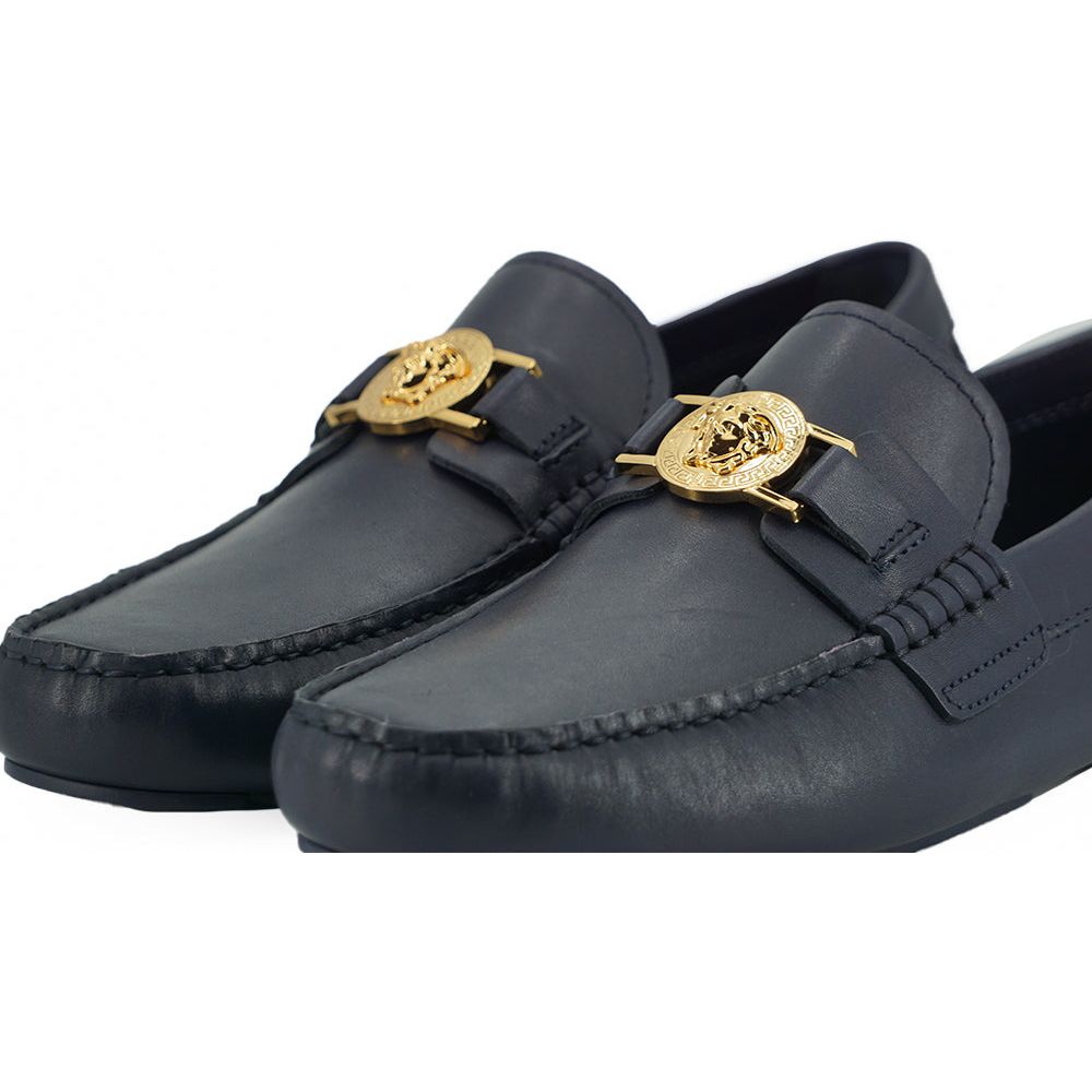Versace Navy Blue Calf Leather Loafers for Sophisticated Style