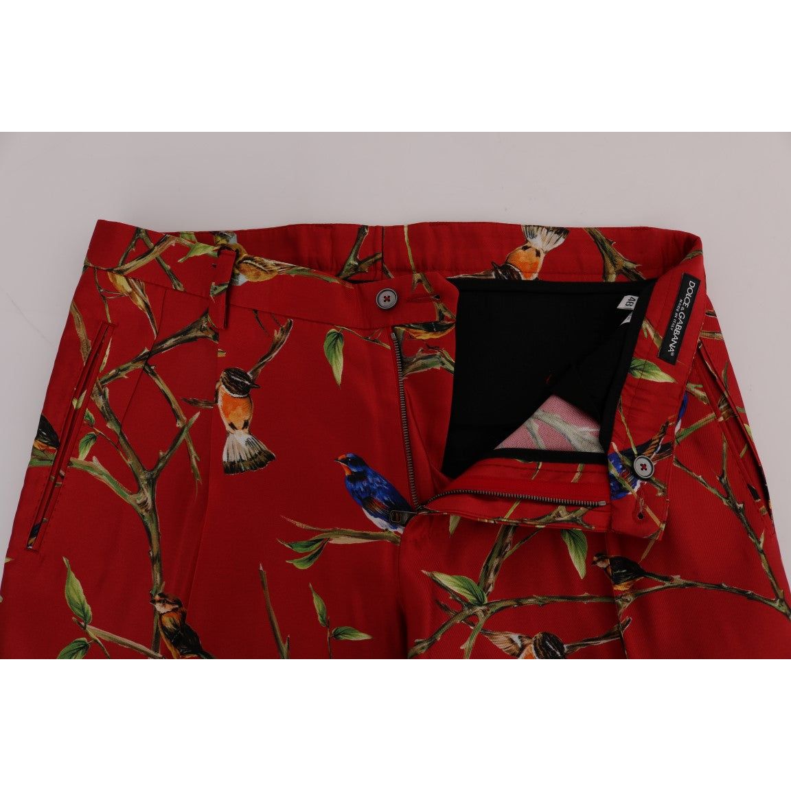 Dolce & Gabbana Red Silk Dress Trousers Bird Print