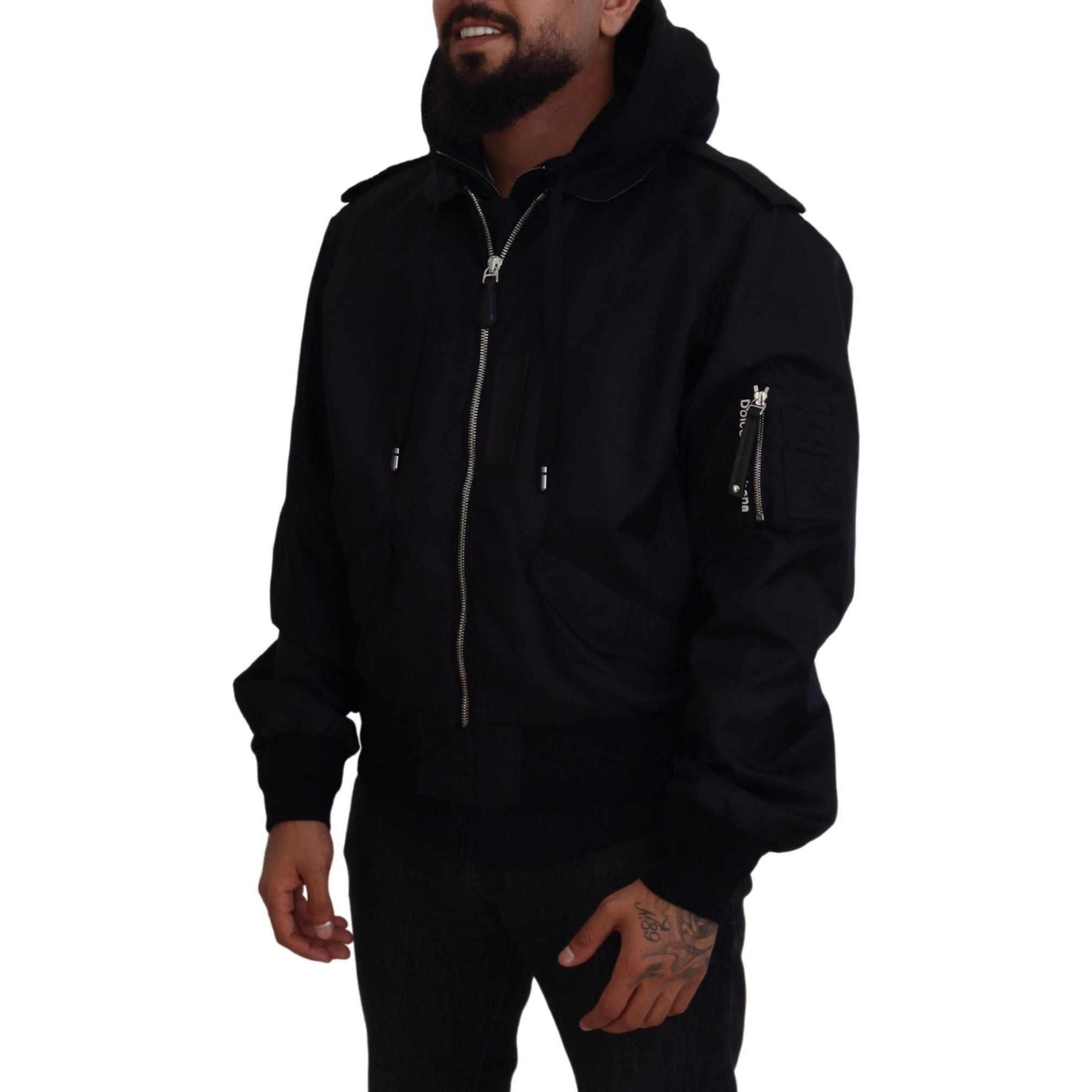 Dolce & Gabbana Black Nylon Hooded Bomber Jacket